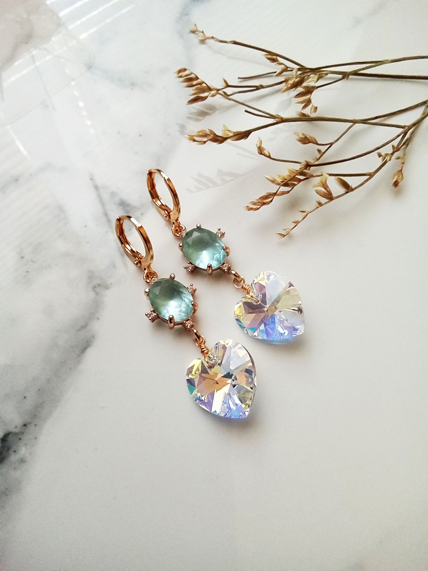 Bridal Austrian Crystal Heart Gold Huggie Earrings E140186