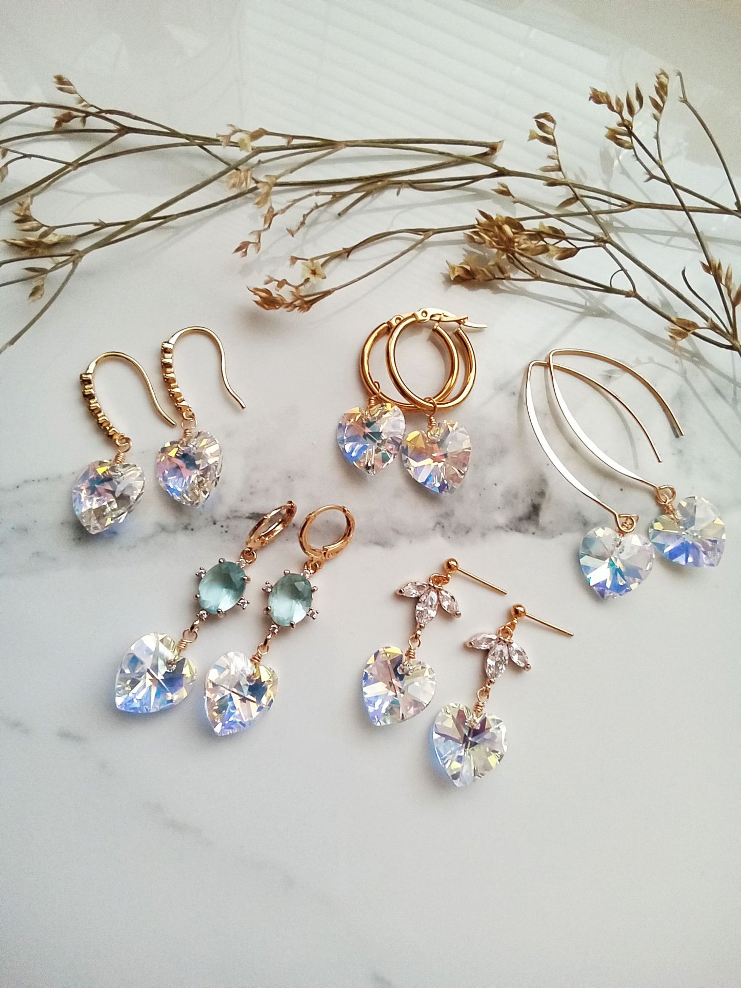 Bridal Austrian Crystal Heart Gold Huggie Earrings E140186