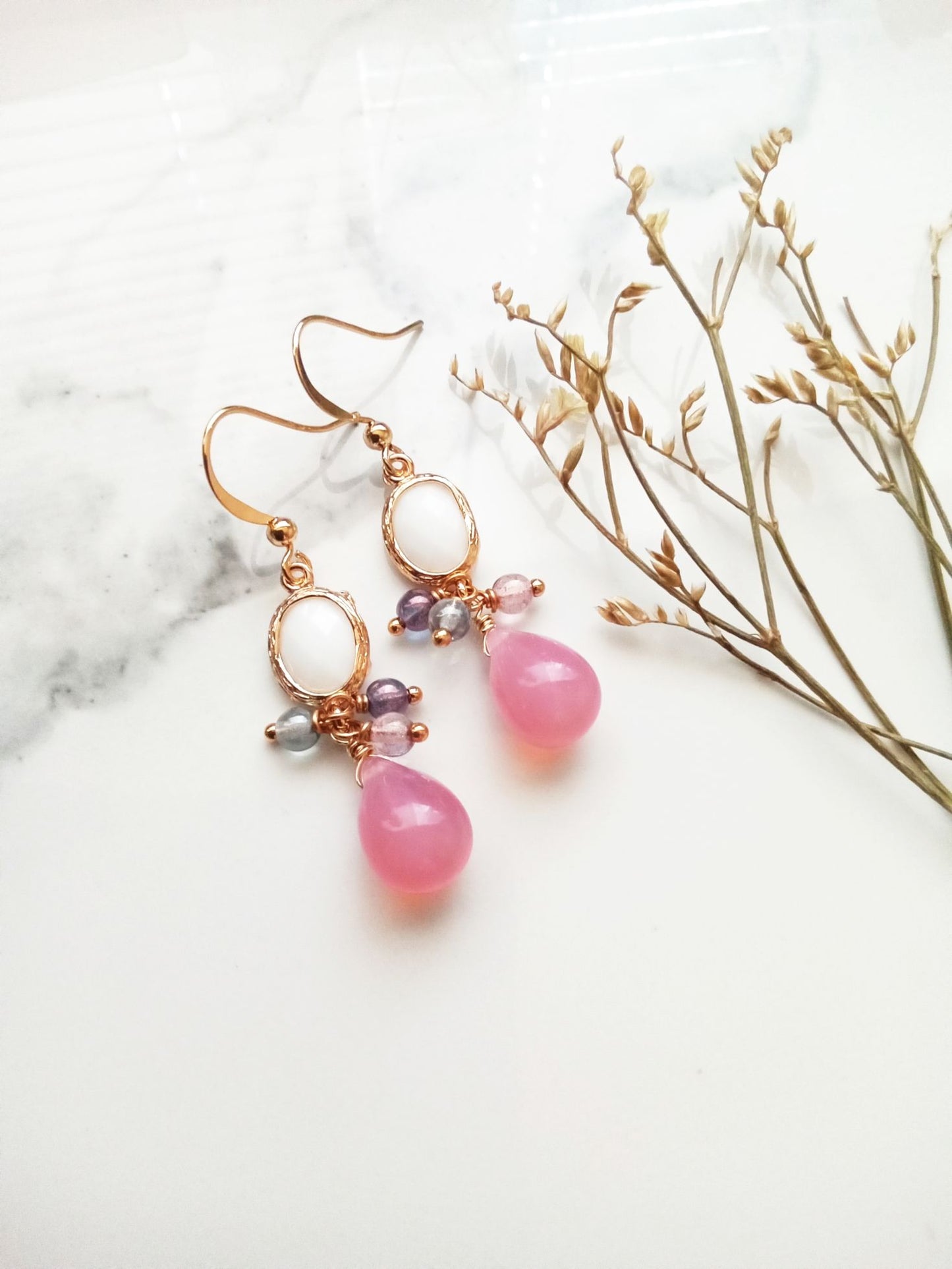Pink Czech Glass and Opal Glass Gold Filled Earrings E140083