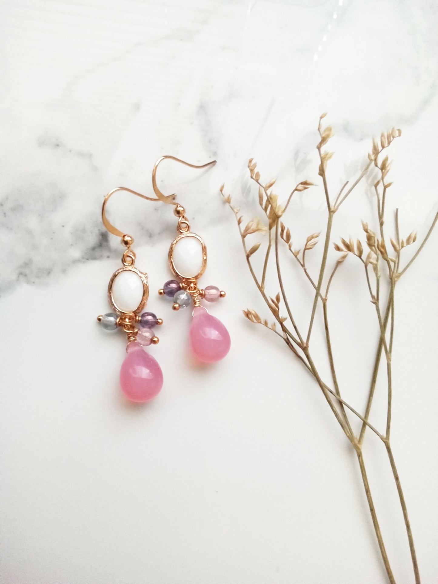 Pink Czech Glass and Opal Glass Gold Filled Earrings E140083