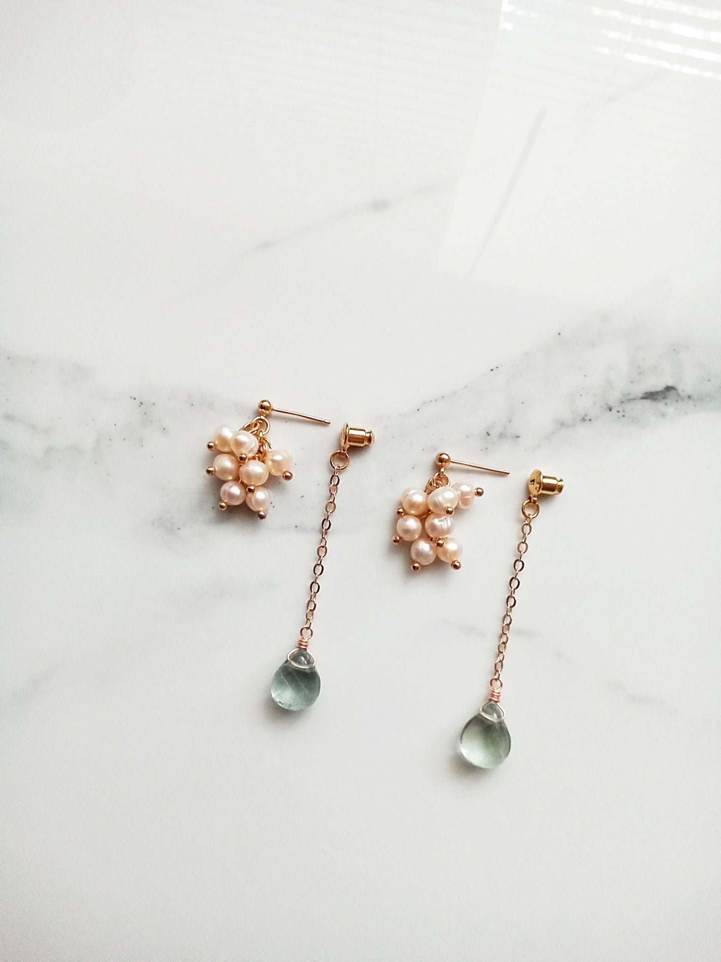 Unique Blue Fluorite Gemstone Pearl Cluster Gold Earrings E140131