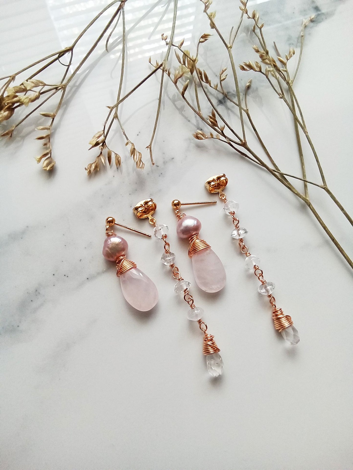 Two Ways Rose Quartz Dangle Gold Filled Earrings E140147