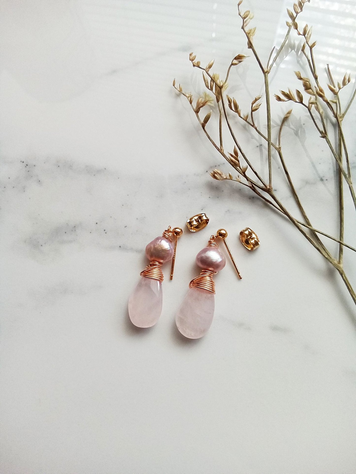 Two Ways Rose Quartz Dangle Gold Filled Earrings E140147