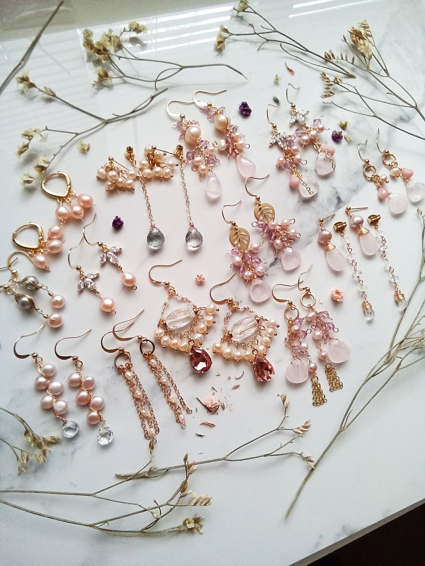 Unique Pink Opal Rose Quartz Freshwater Pearl Gold Filled Earrings E140146