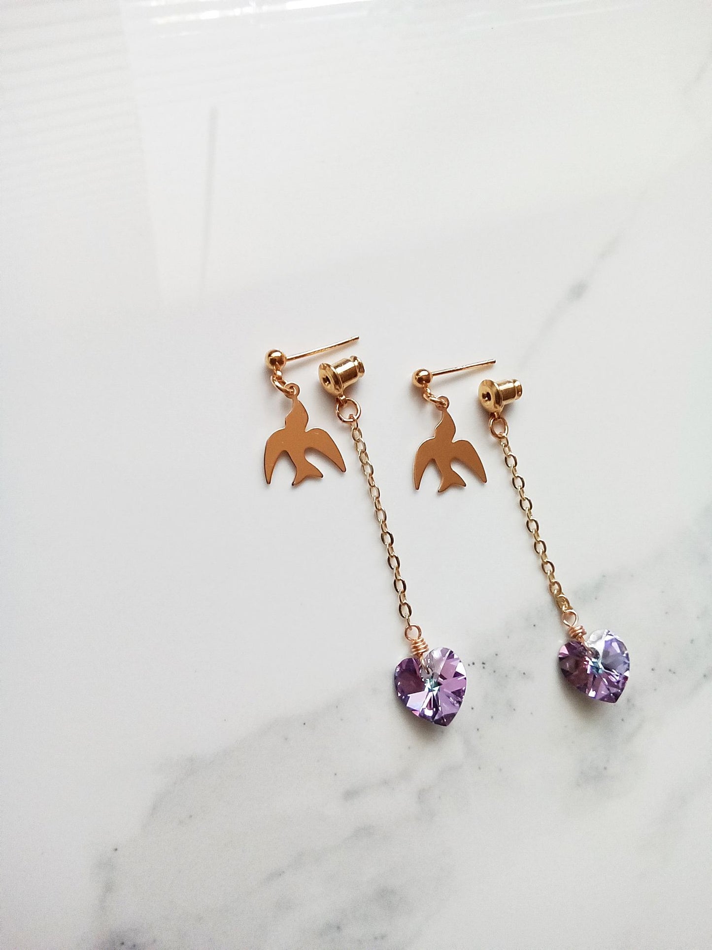 Austrian Crystal Heart and Bird Gold Earrings E140074