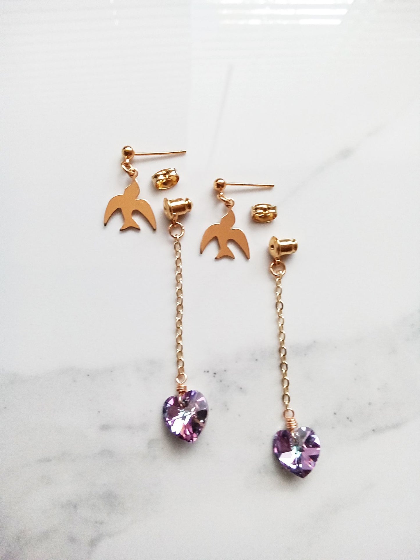 Austrian Crystal Heart and Bird Gold Earrings E140074