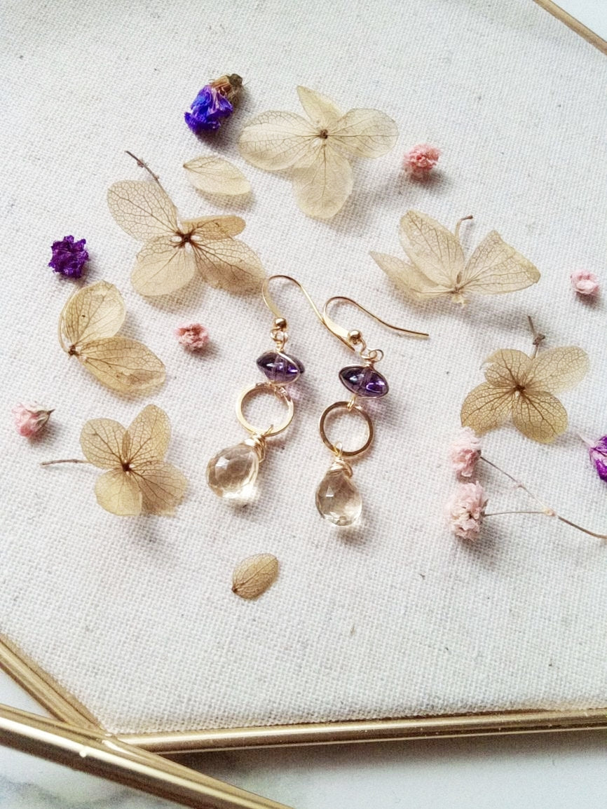 Citrine and Amethyst Semi Precious Gold Filled Earrings E140006