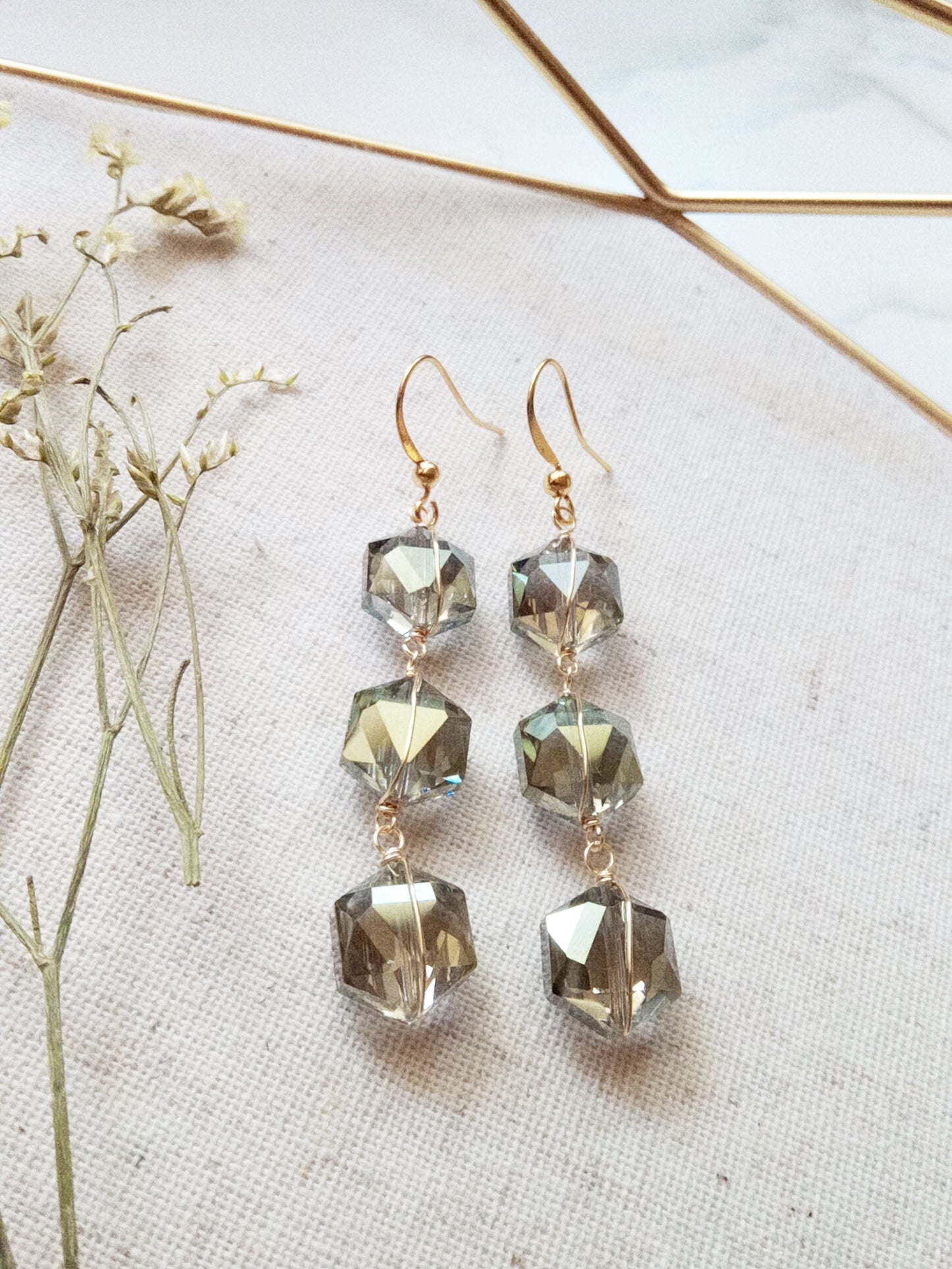Army Green Geometric Glass Gold Filled Earrings E140025