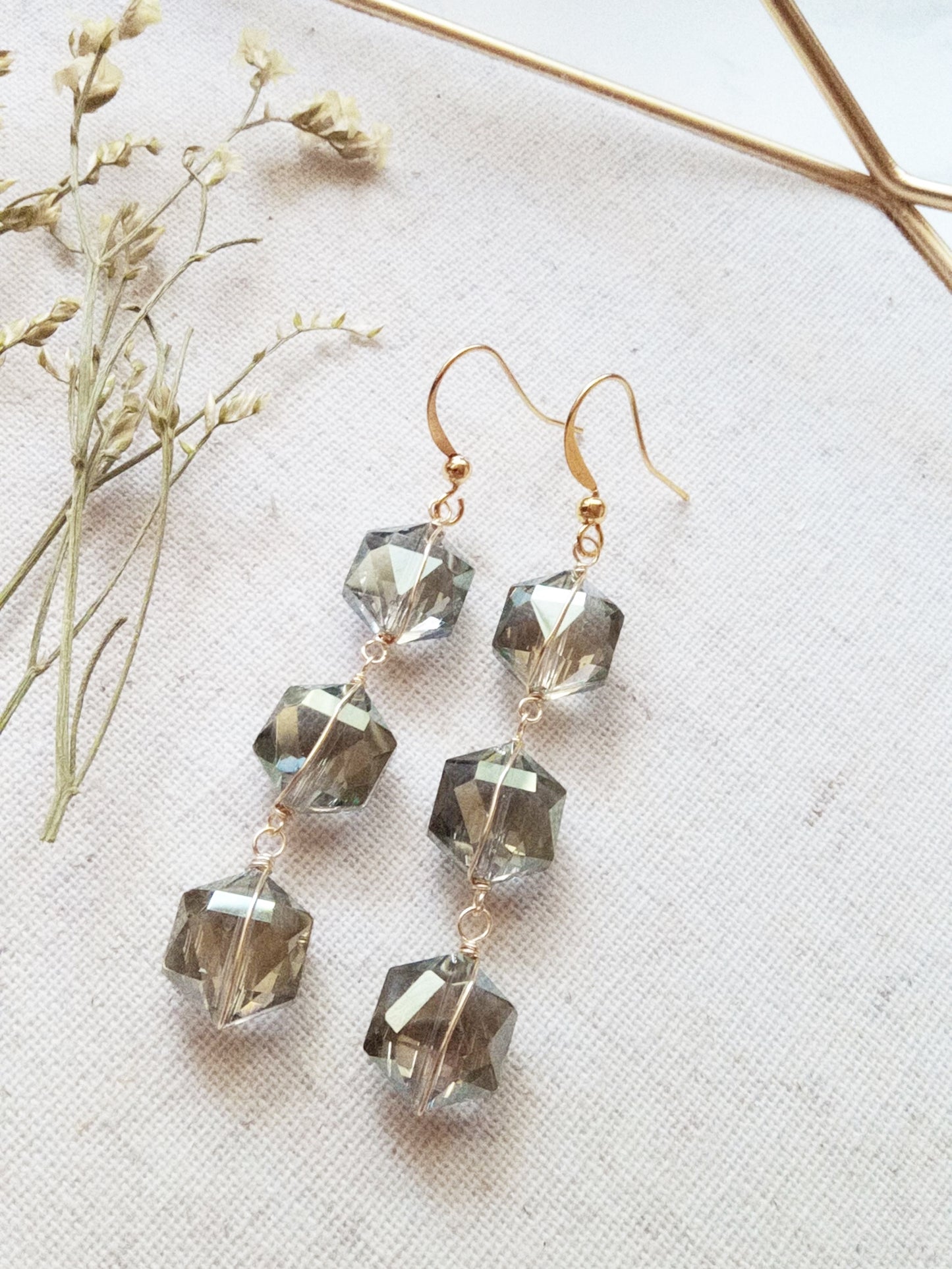 Army Green Geometric Glass Gold Filled Earrings E140025