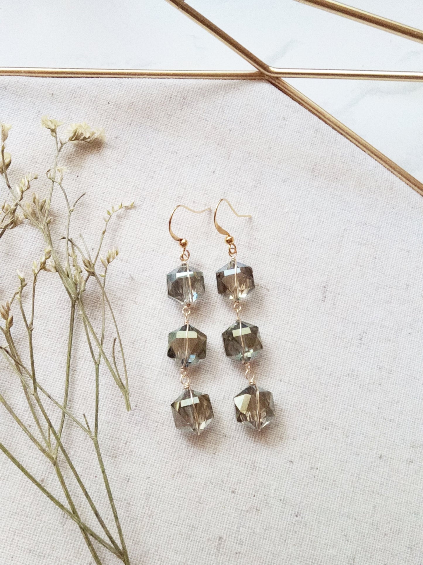 Army Green Geometric Glass Gold Filled Earrings E140025