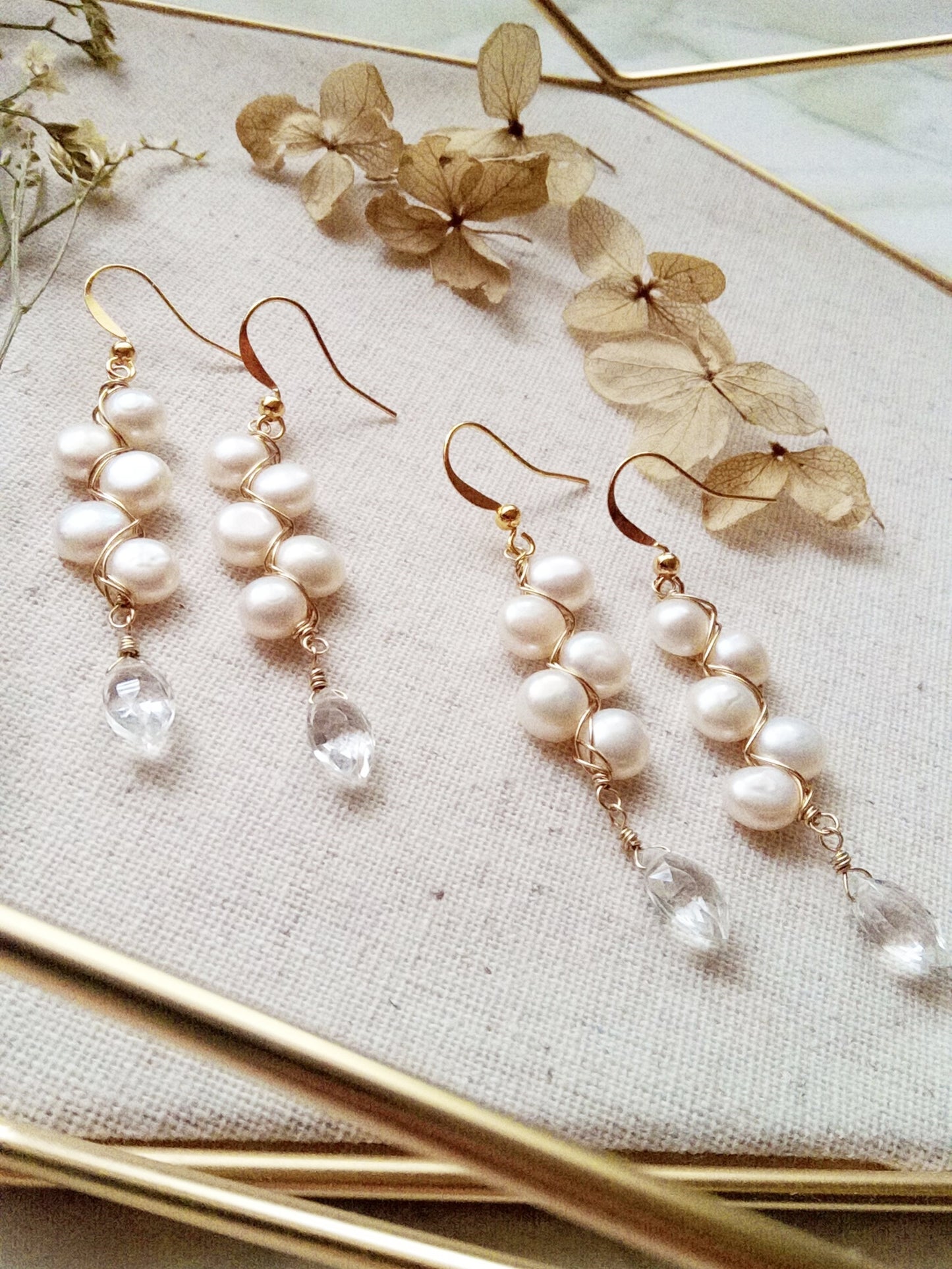 Dramatic White Freshwater Pearl and Clear Quartz Gold Filled Earrings E140032