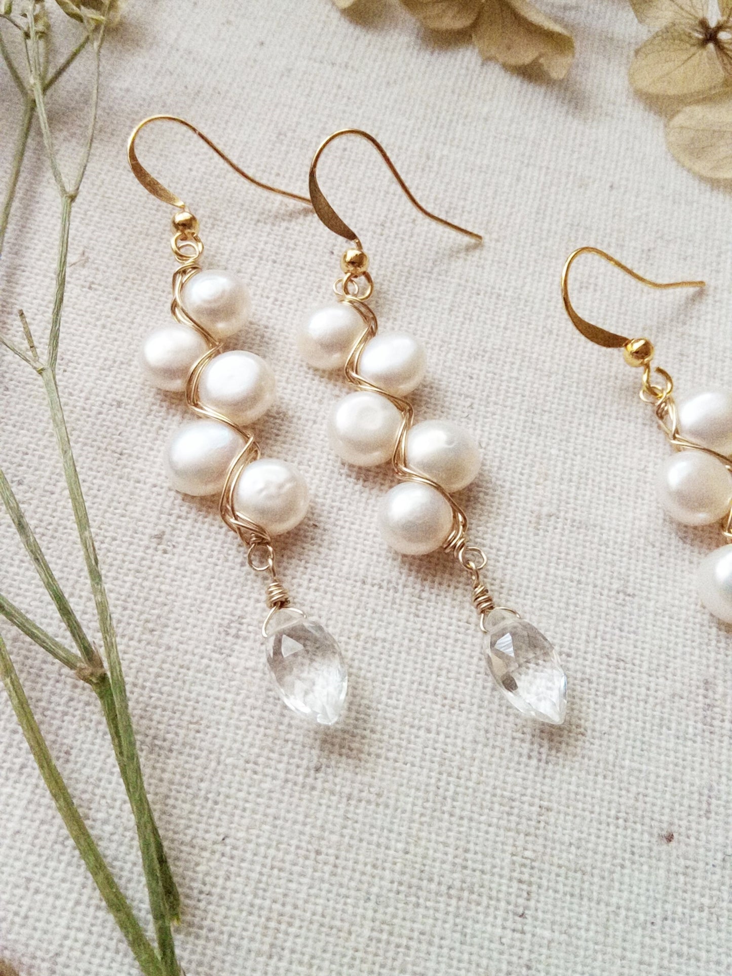 Dramatic White Freshwater Pearl and Clear Quartz Gold Filled Earrings E140032