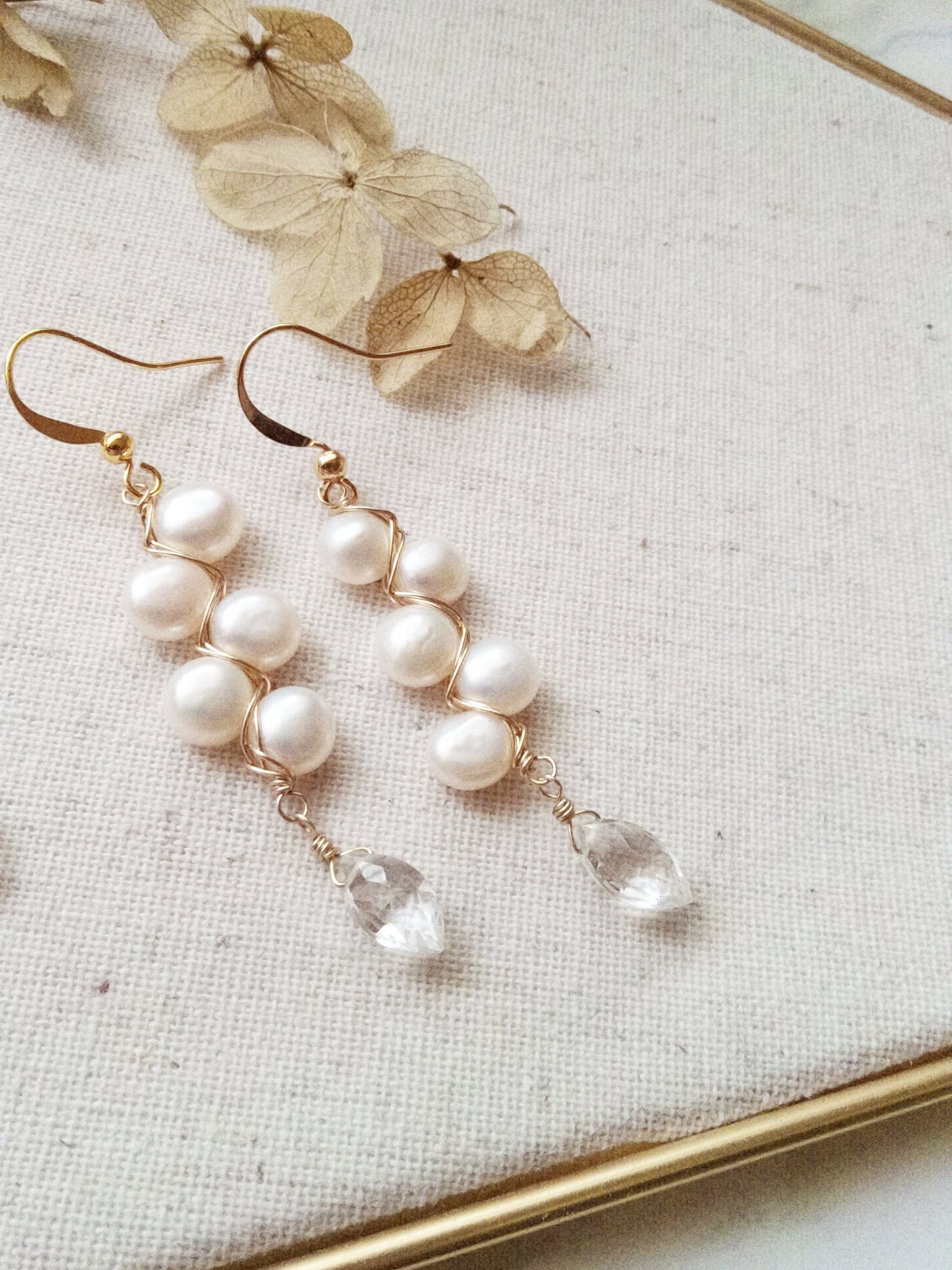Dramatic White Freshwater Pearl and Clear Quartz Gold Filled Earrings E140032