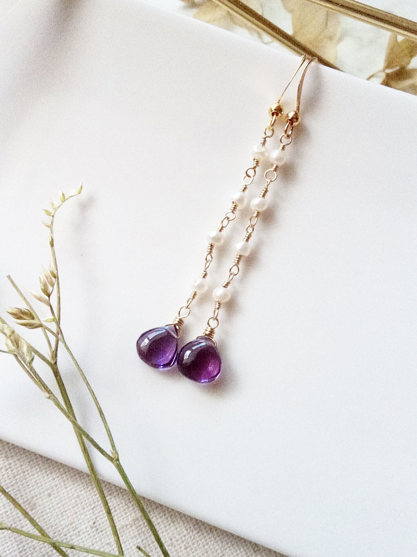Amethyst and Freshwater Long Dangle Gold Filled Earrings E140004