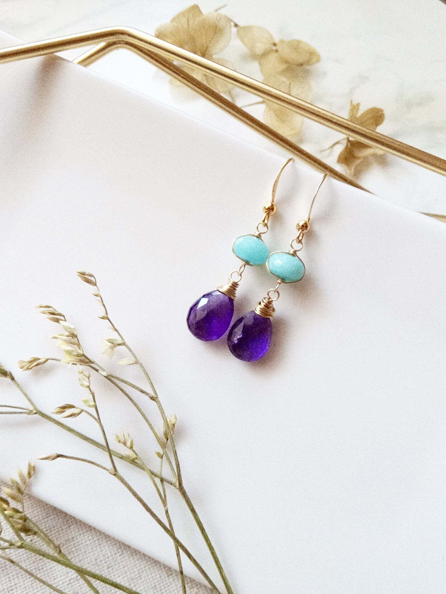 Amazonite and Amethyst Gemstone Gold Filled Earring E140008