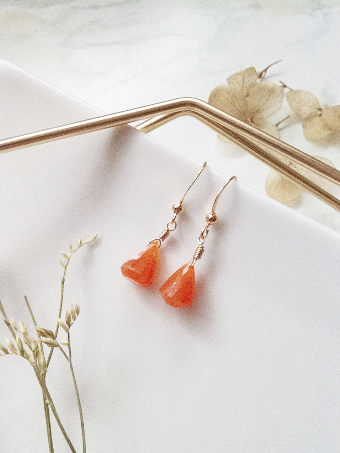 Orange Carnelian Gold Earrings, Natural Gemstone Earrings E140022