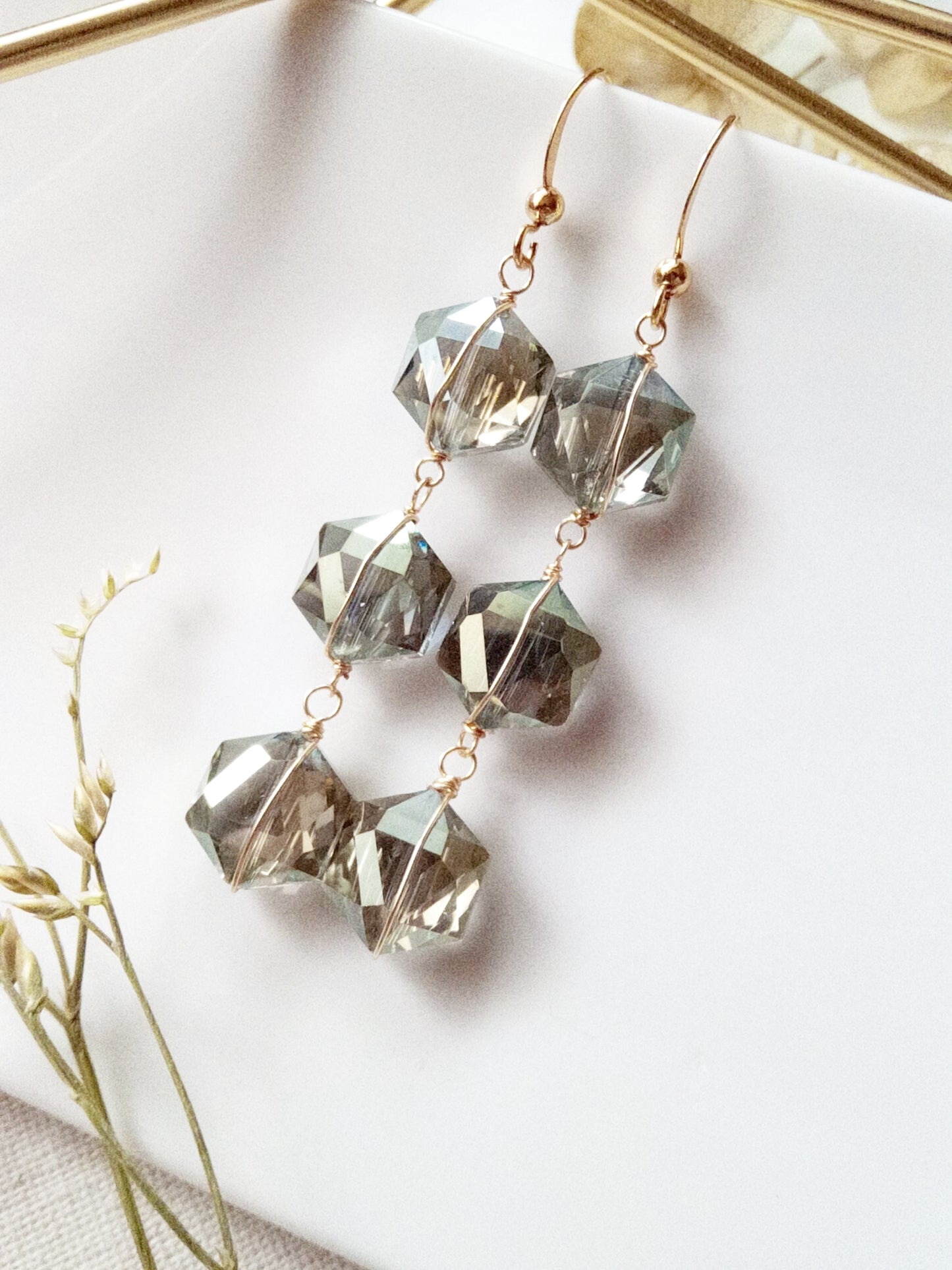 Army Green Geometric Glass Gold Filled Earrings E140025