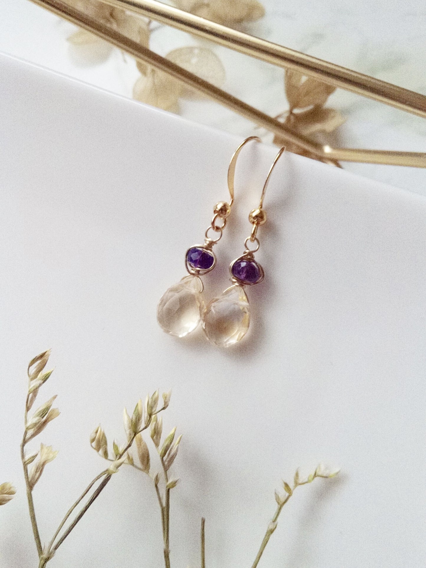 Pale Yellow Topaz and Amethyst Gold Filled Earrings E140026