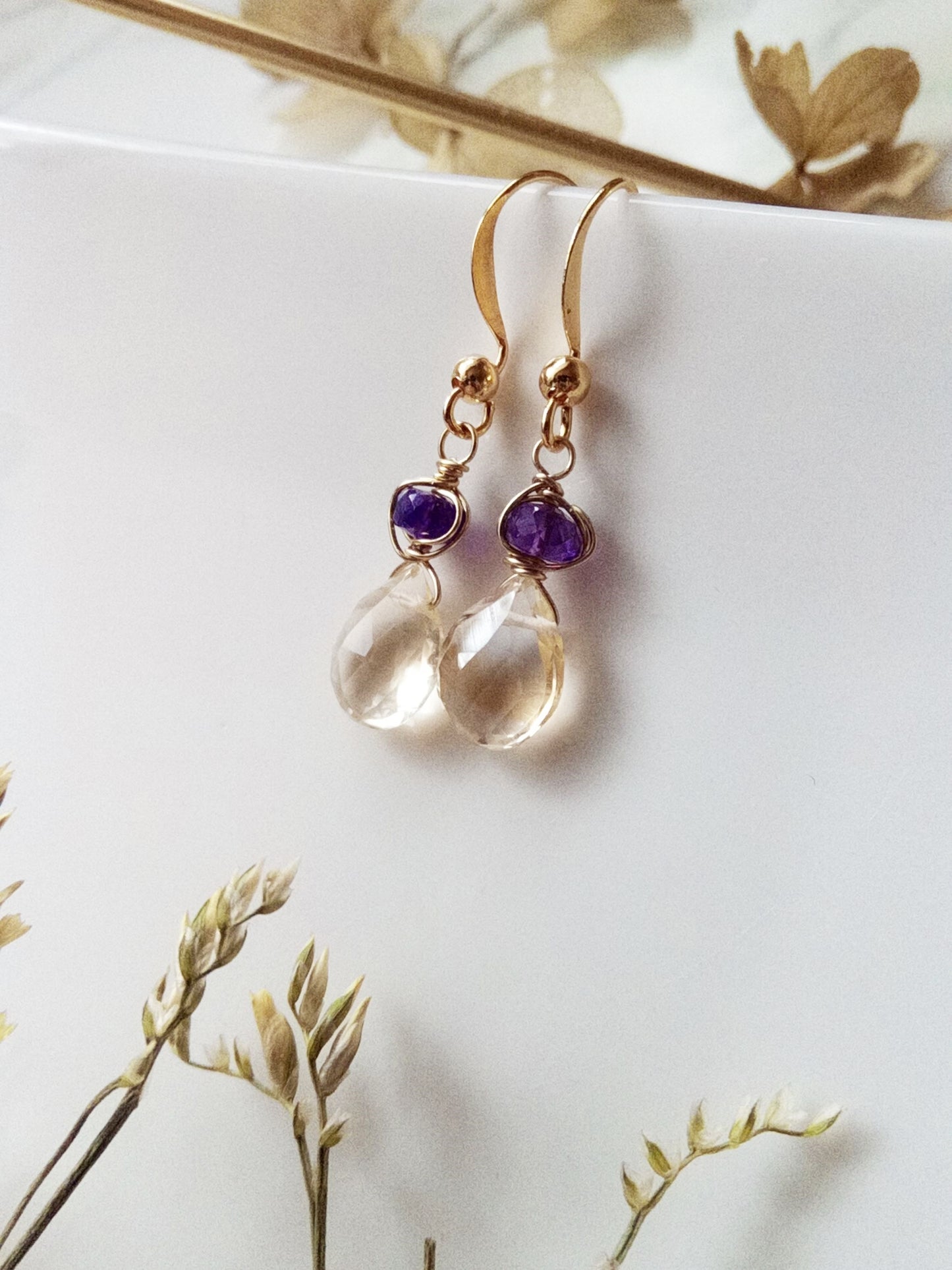Pale Yellow Topaz and Amethyst Gold Filled Earrings E140026
