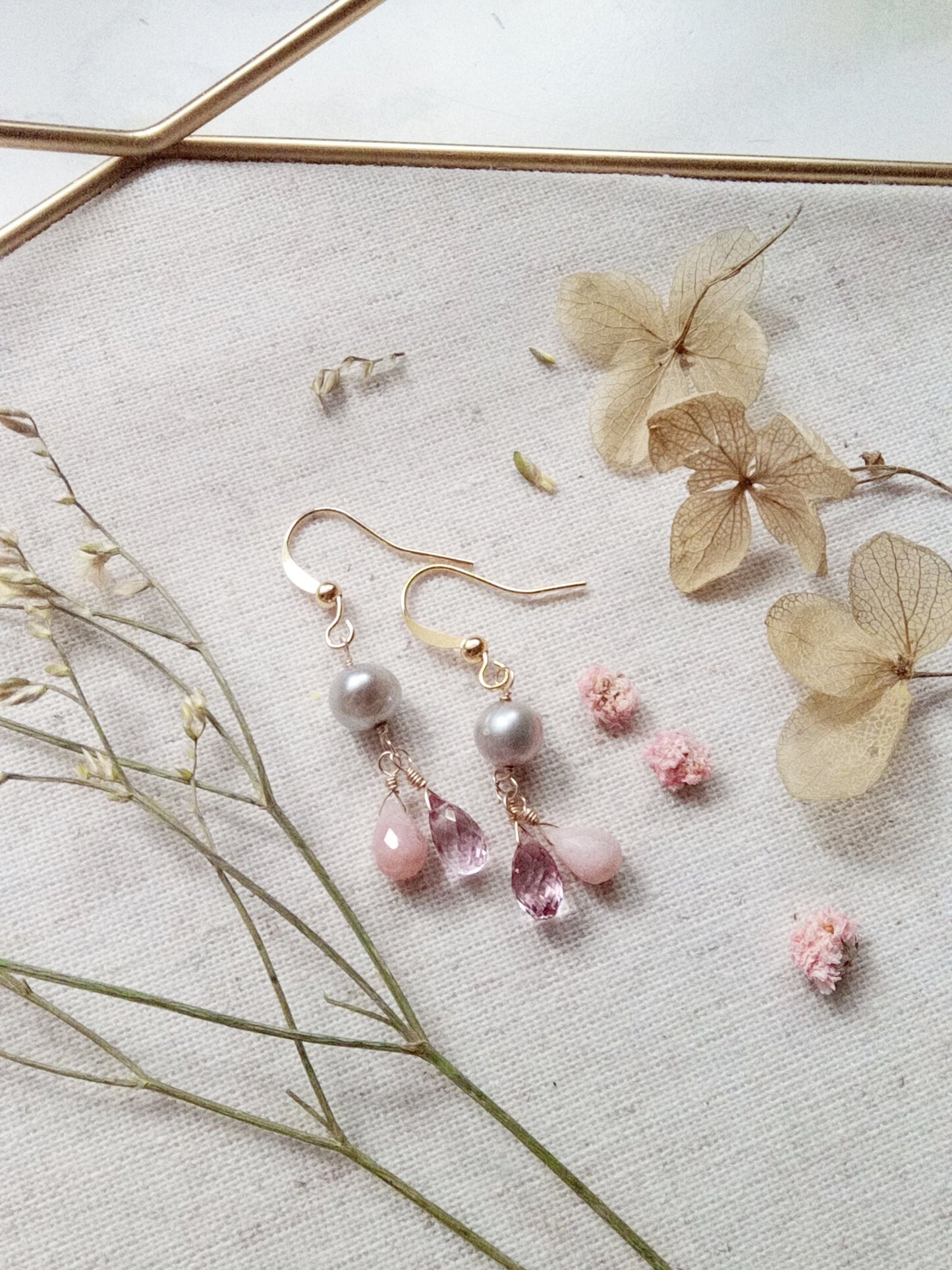 Romantic Pink Opal Pink Topaz and Freshwater Pearl Gold Filled Earrings E140052