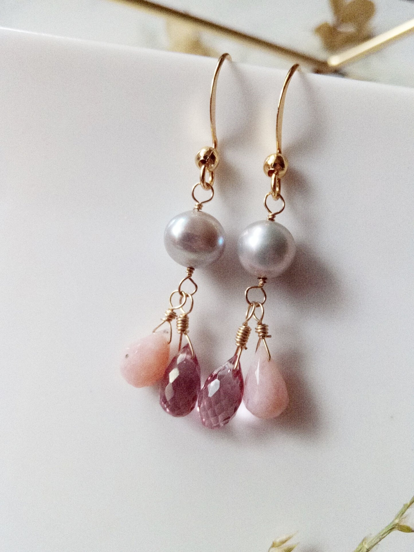 Romantic Pink Opal Pink Topaz and Freshwater Pearl Gold Filled Earrings E140052