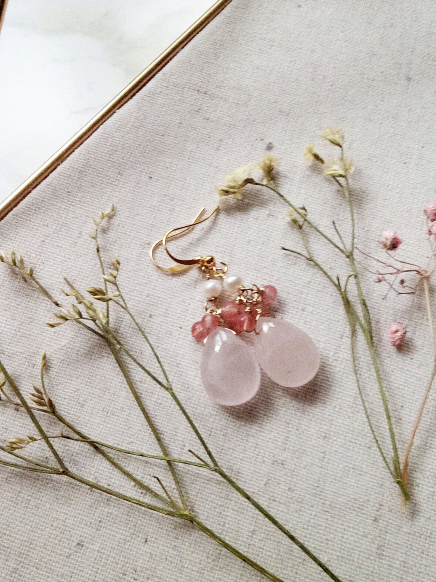 Rose Quartz and Freshwater Pearl Gold Filled Earrings E140064