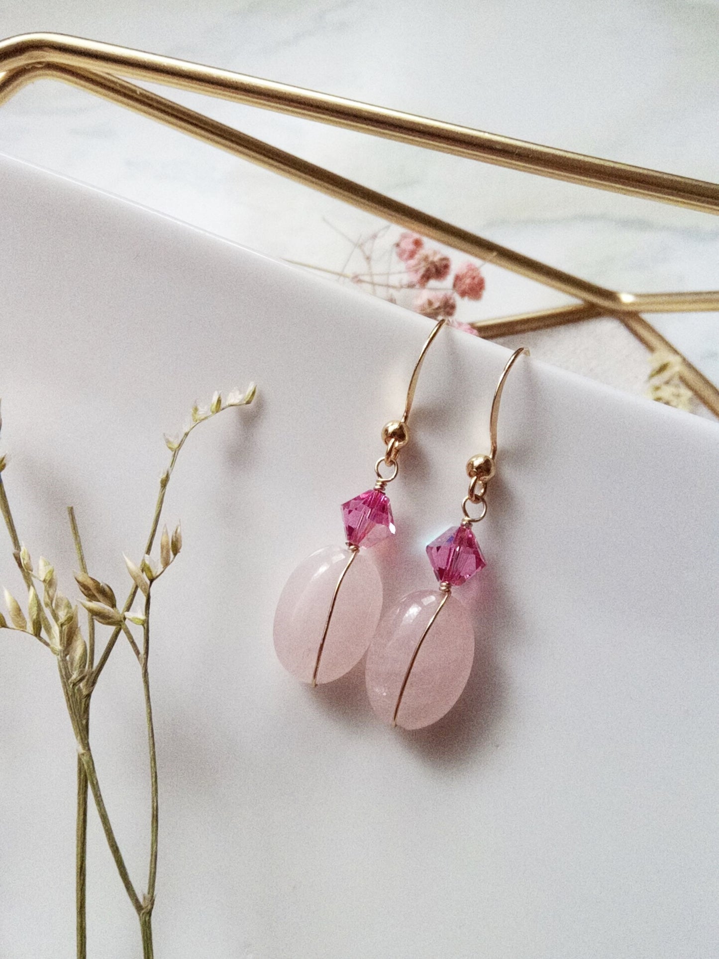 Rose Quartz and Austrian Crystal Dangle Gold Filled Earrings E140063
