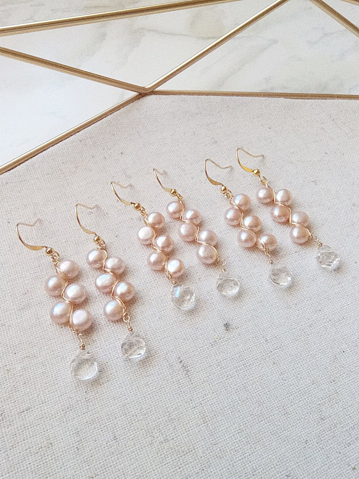 Romantic Ballet Pink Freshwater Pearl Clear Quartz Gold Filled Earrings E140102