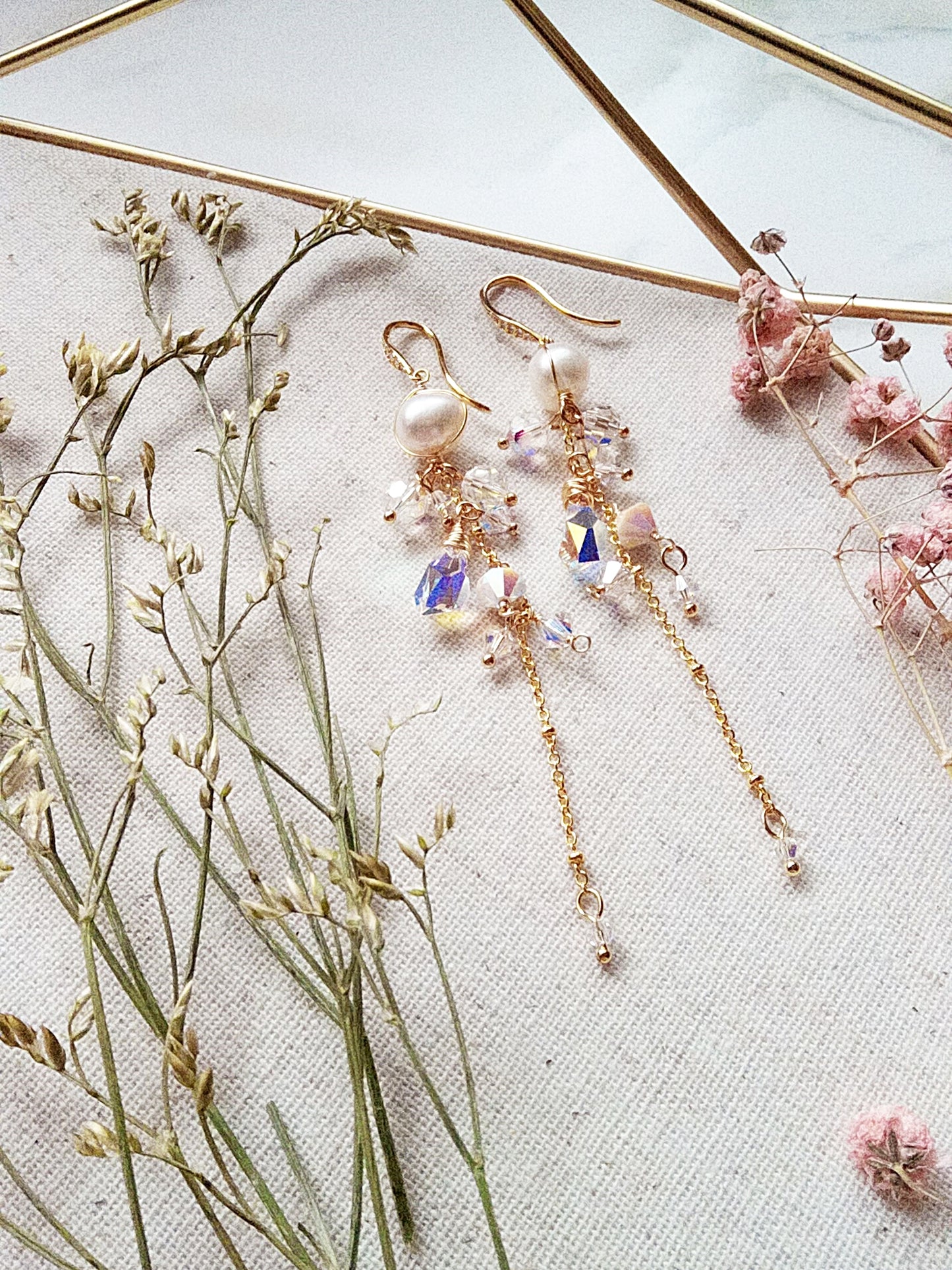 Long Dramatic Bridal Freshwater Pearl and Austrian Crystal Gold Filled Earrings E140108