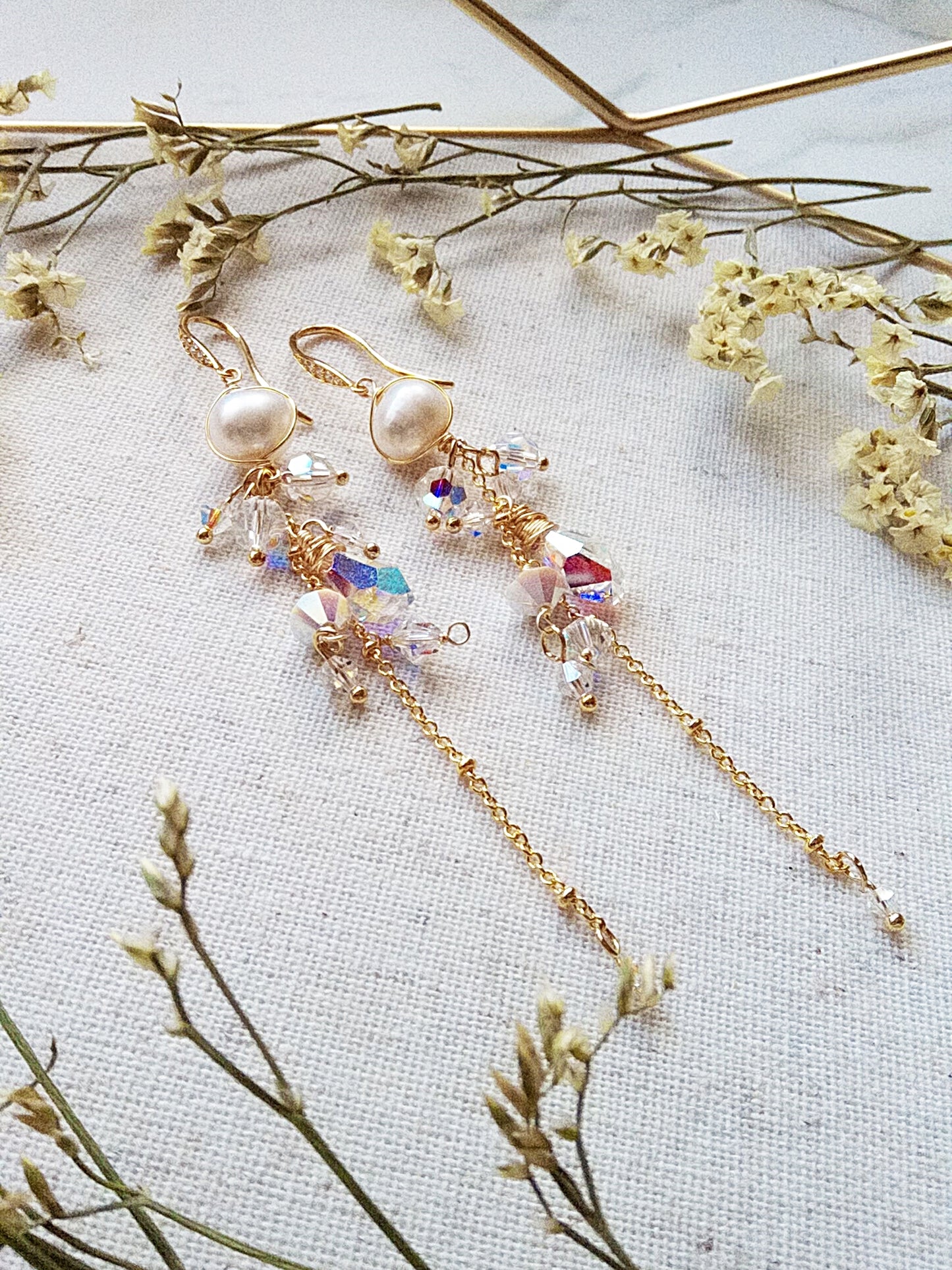 Long Dramatic Bridal Freshwater Pearl and Austrian Crystal Gold Filled Earrings E140108