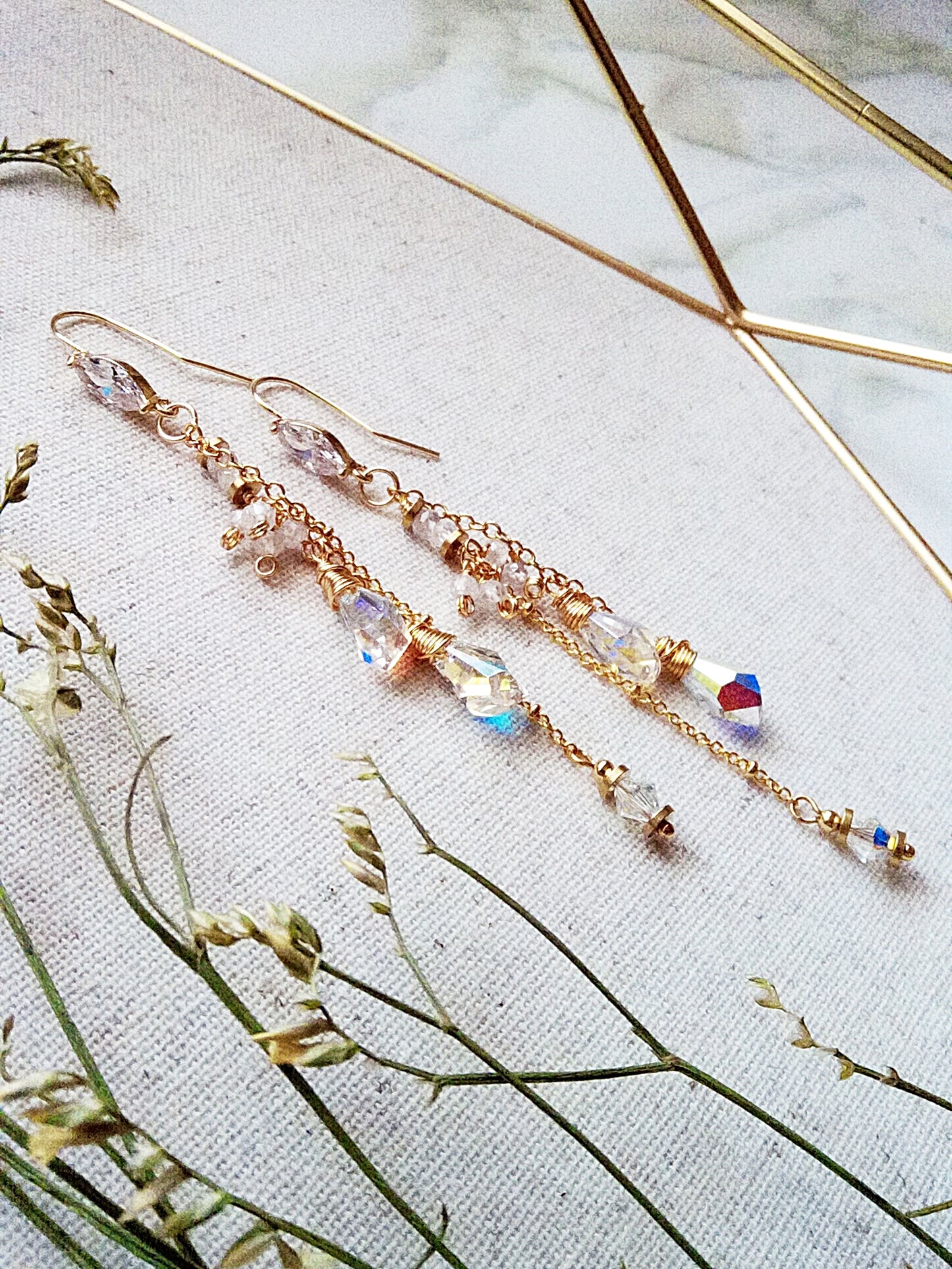 Long Aurora Borealis Austrian Crystal Gold Filled Earrings E140114