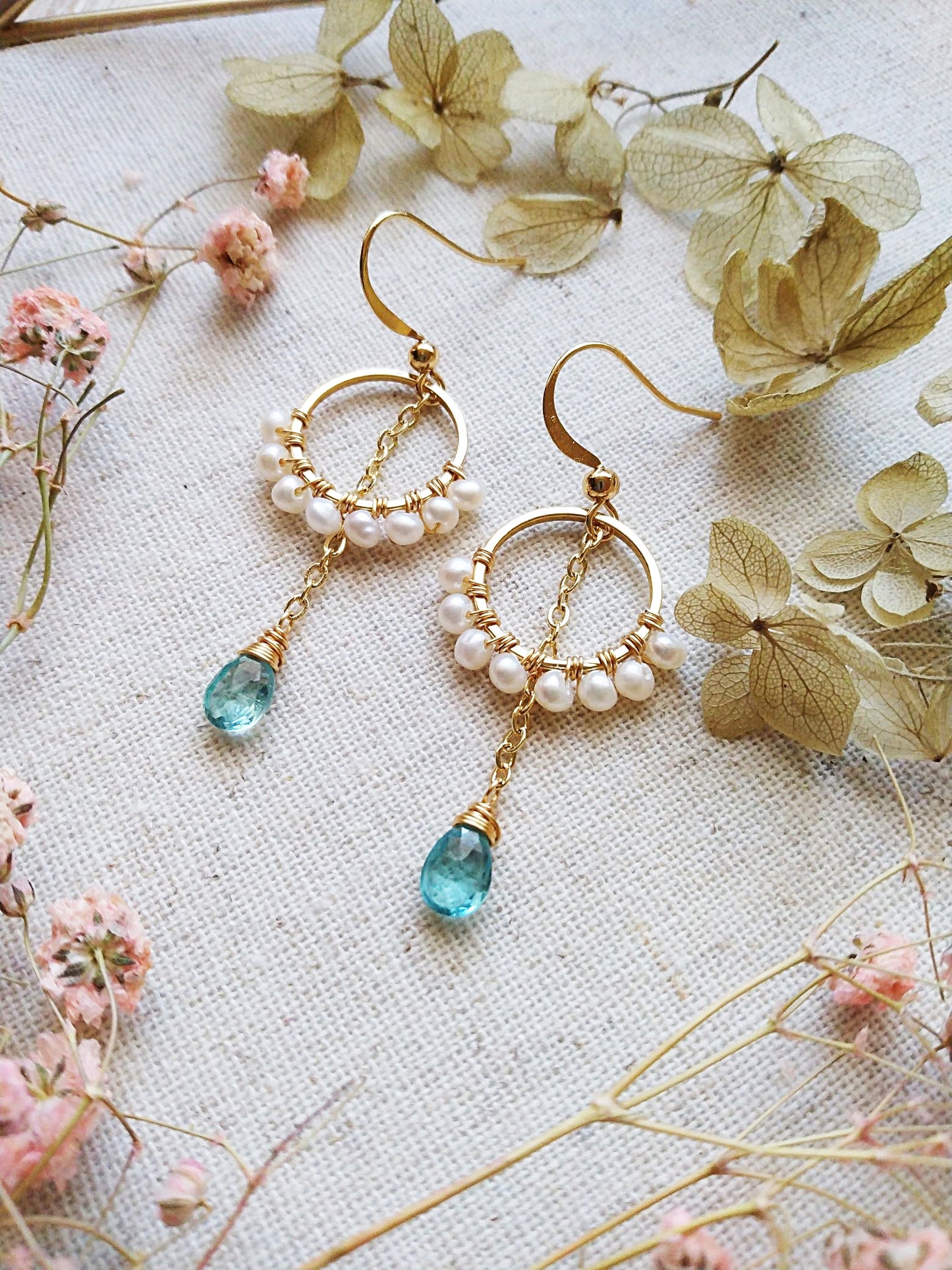 Tiny Freshwater Pearl Apatite Ring Gold Filled Earrings E140097