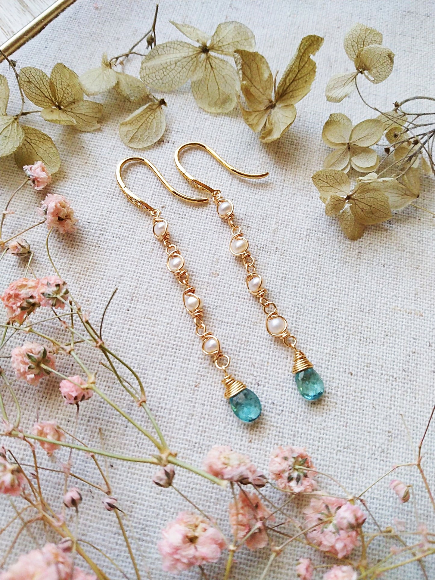 Long Slender Apatite Tiny Freshwater Pearl Gold Filled Earrings E140098
