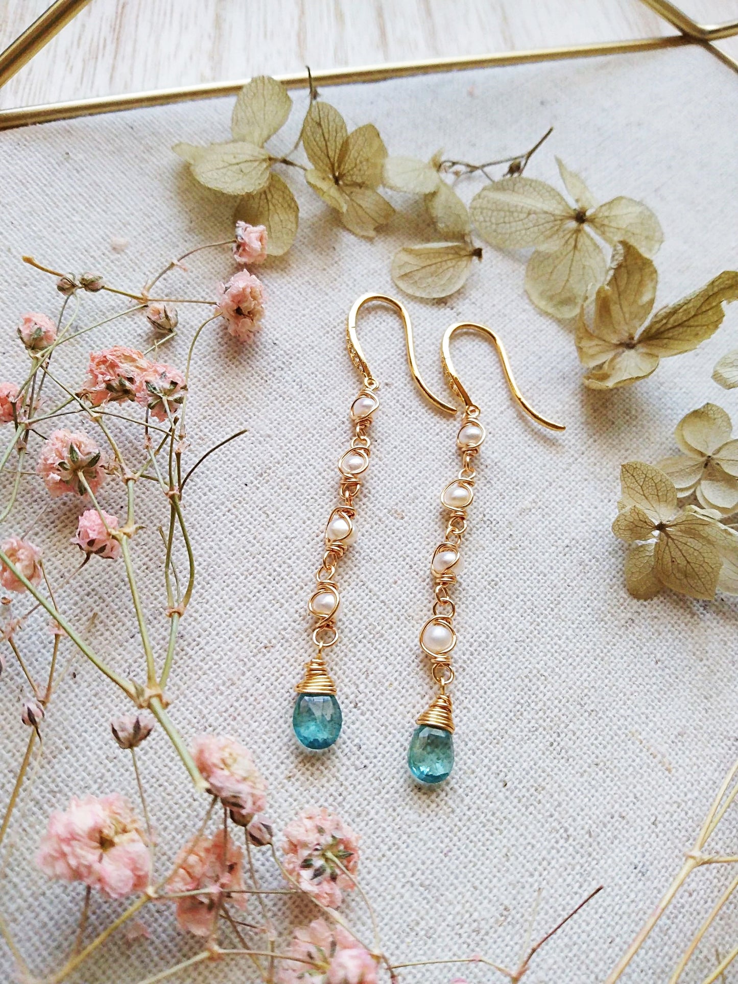 Long Slender Apatite Tiny Freshwater Pearl Gold Filled Earrings E140098