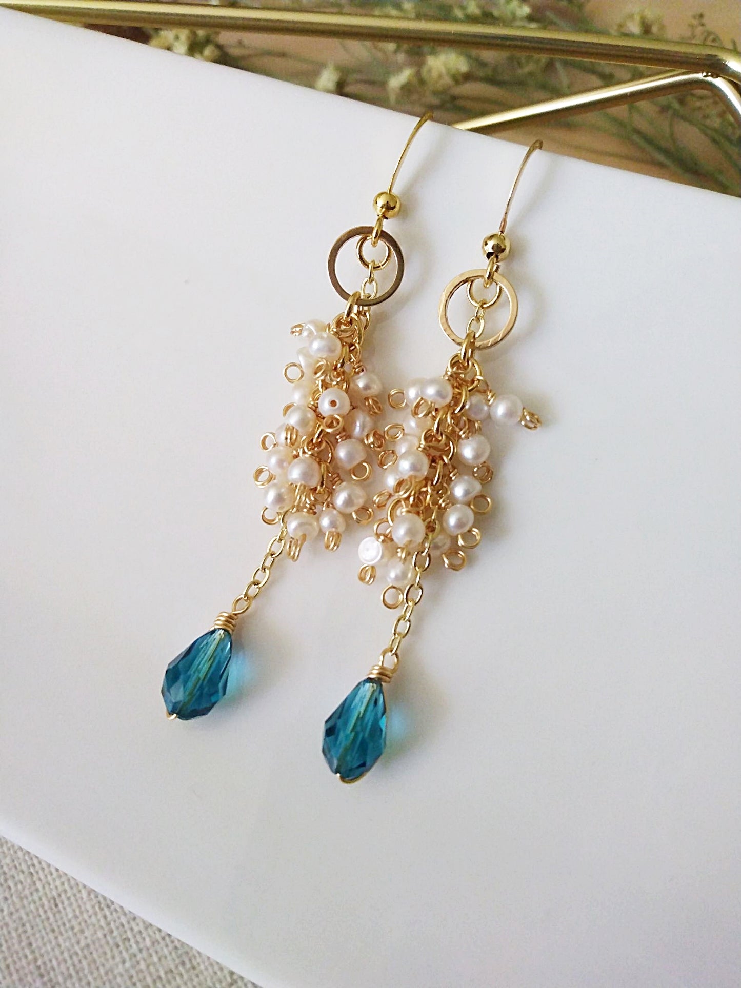 Bridal Pearl Cluster Something Blue Gold Filled Earrings E140135