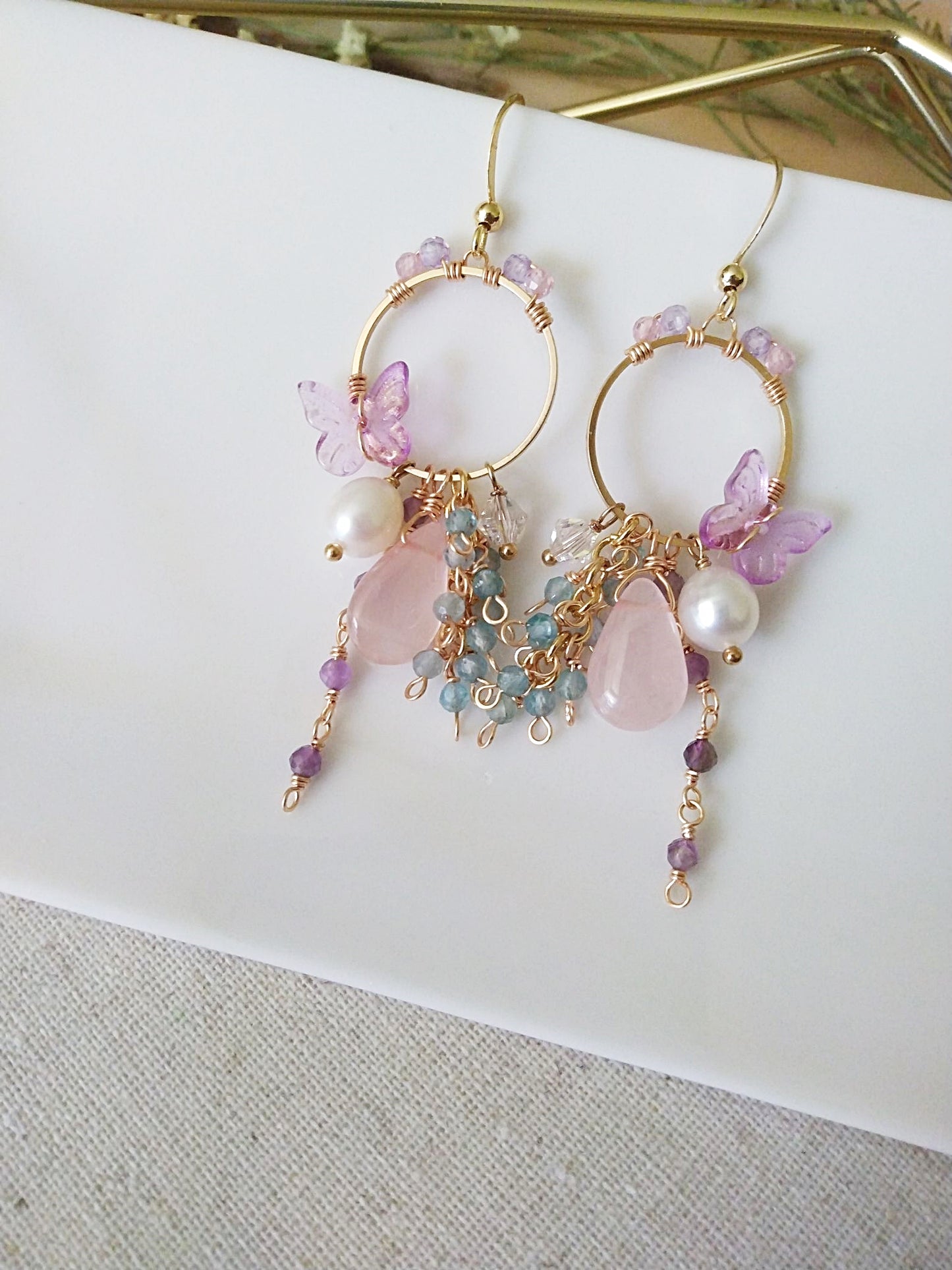 Butterfly Basket Weave Semi Precious Gemstone Gold Filled Earrings E140165
