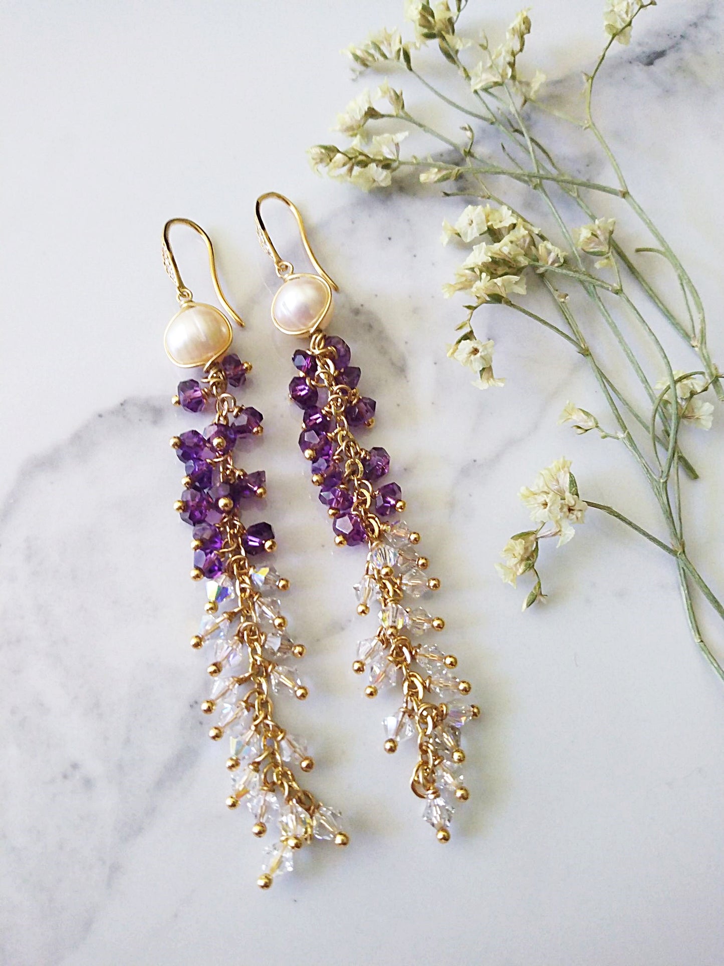 Long Dramatic Bridal Pearl Amethyst Austrian Crystal Gold Filled Earrings E140101