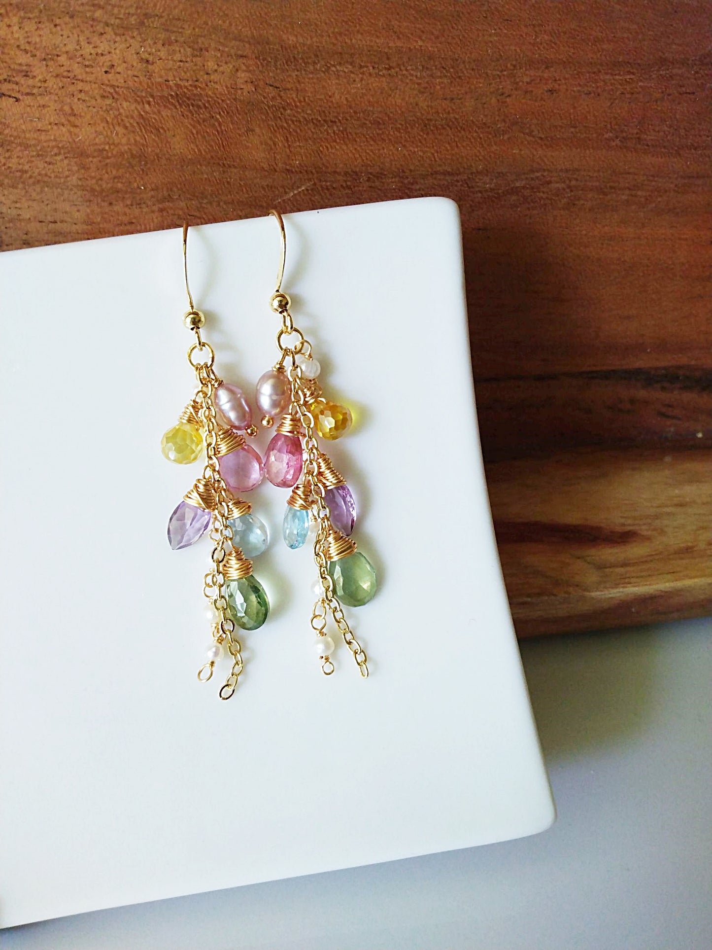 Multi Semi Precious Briolette Gemstone Cluster Gold Filled Earrings E140170