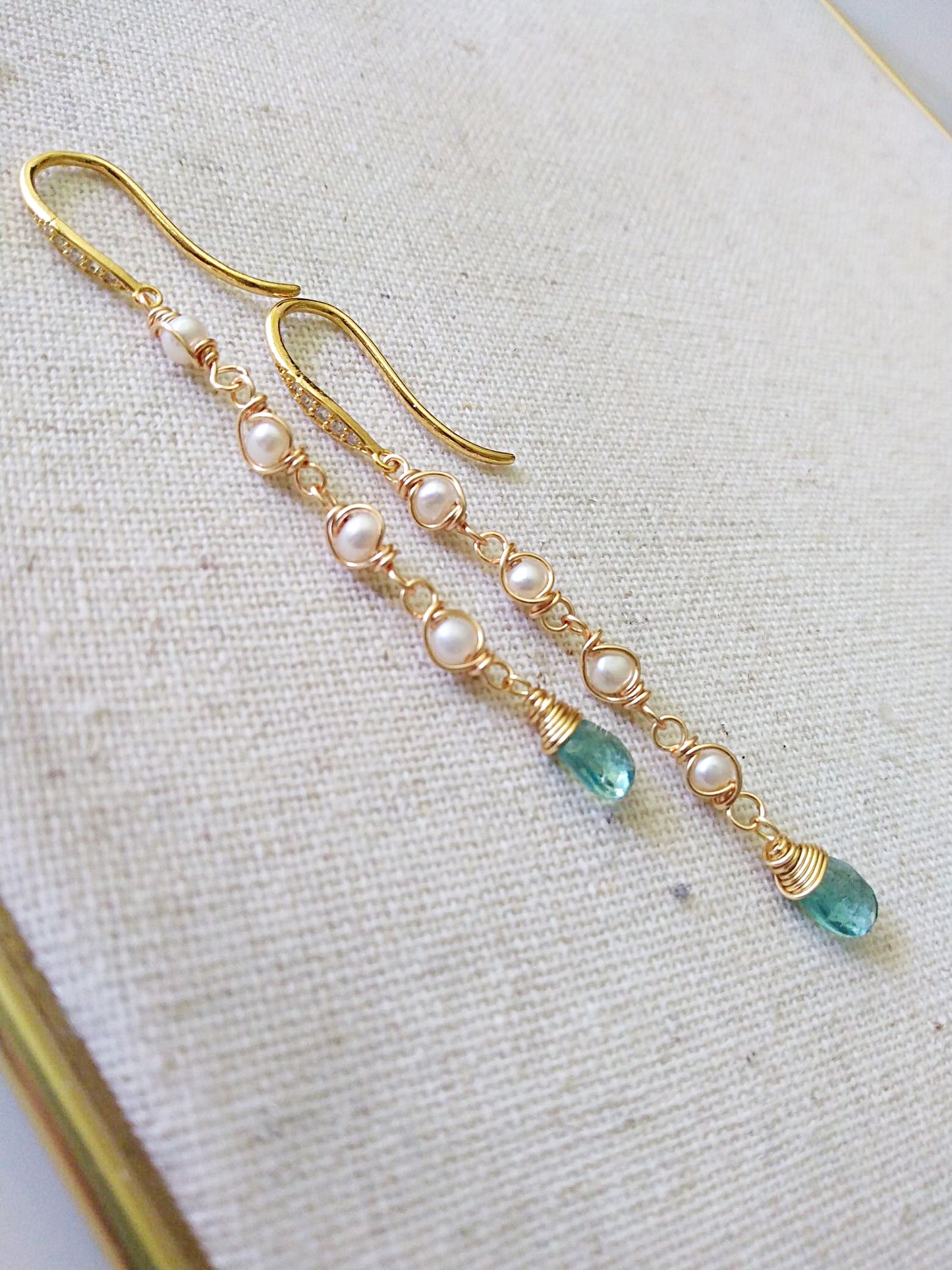 Long Slender Apatite Tiny Freshwater Pearl Gold Filled Earrings E140098