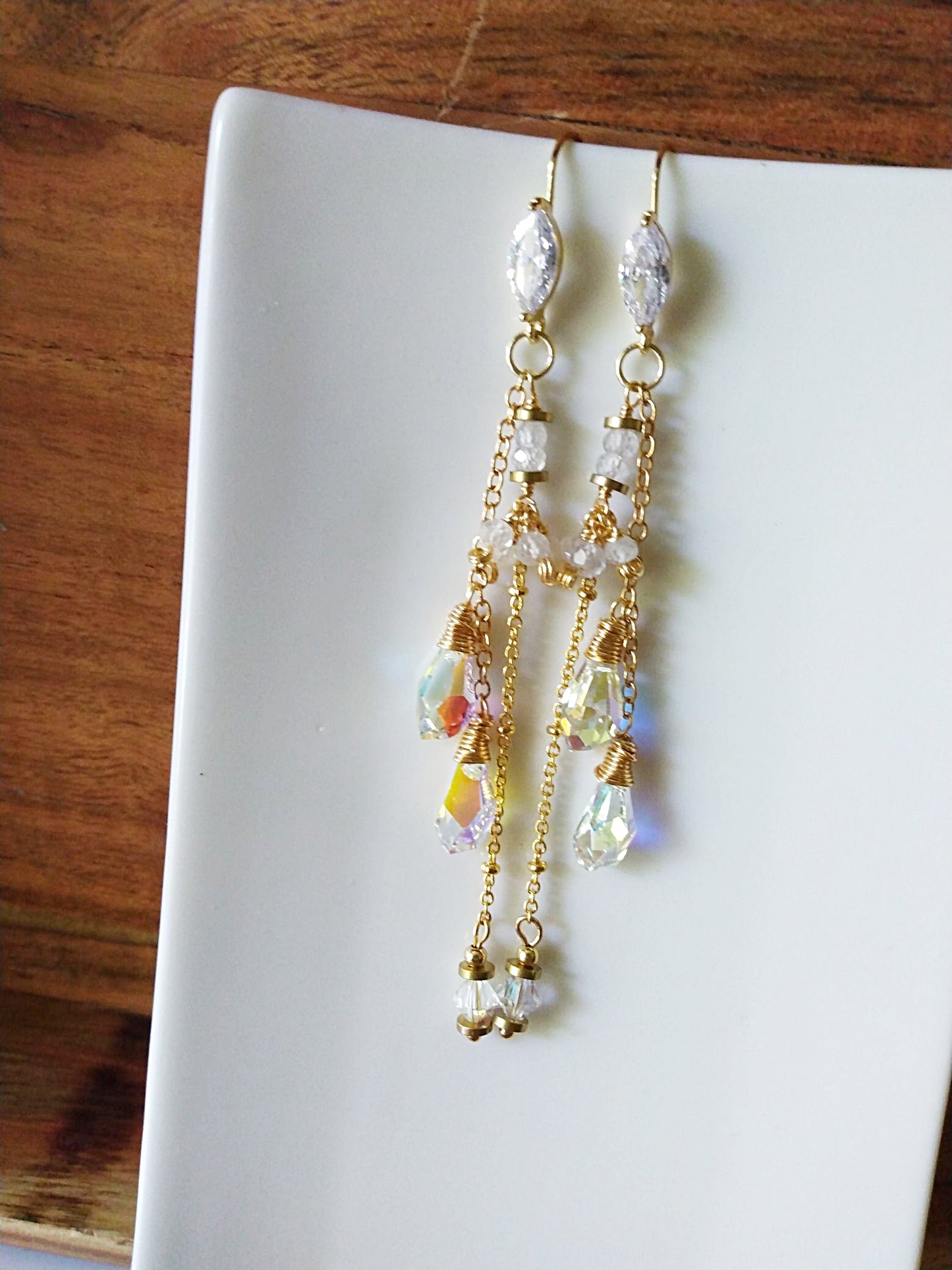 Long Aurora Borealis Austrian Crystal Gold Filled Earrings E140114