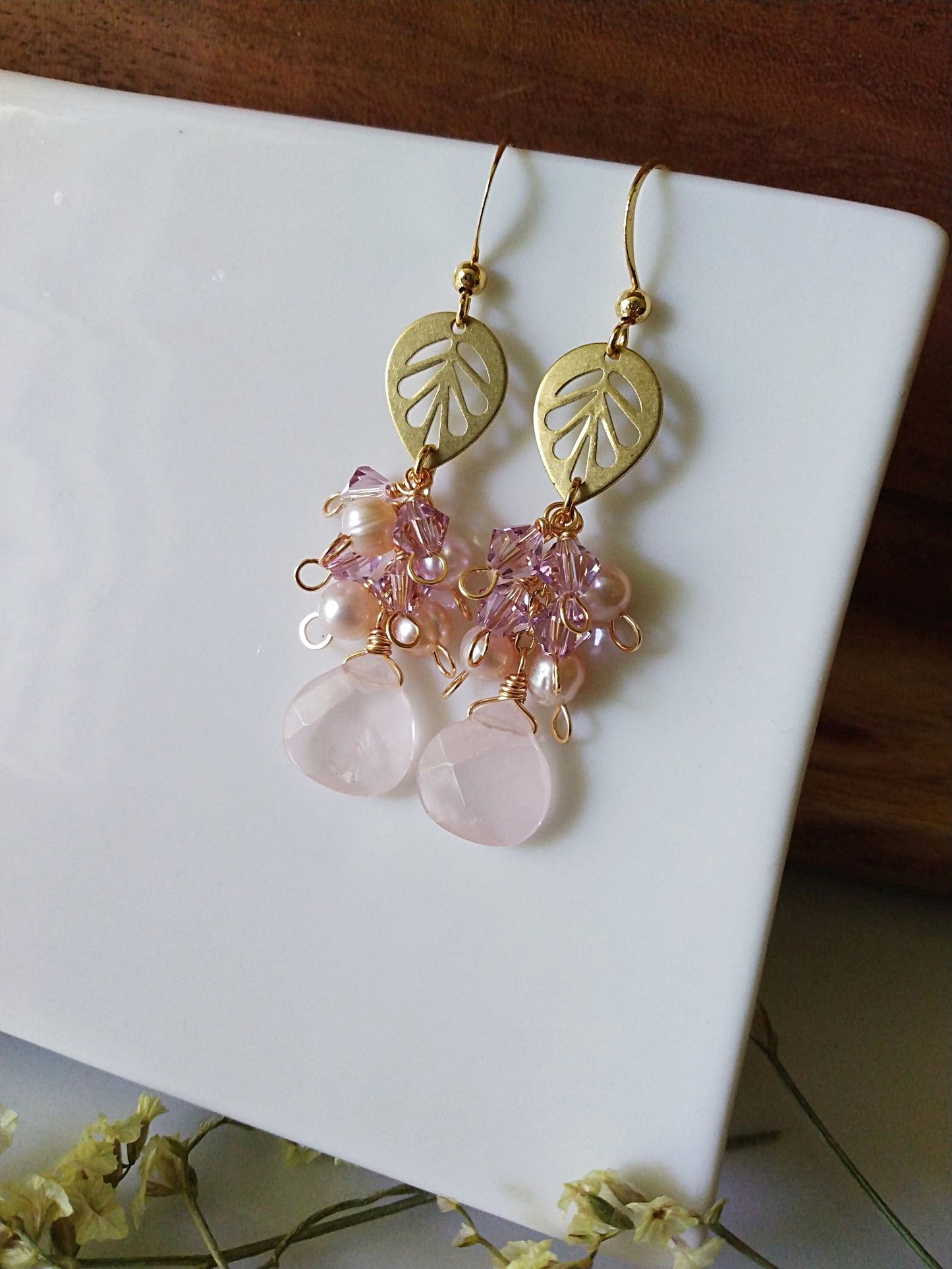 Romantic Rose Quartz Freshwater Pearl and Austrian Crystal Gold Filled Earrings E140144
