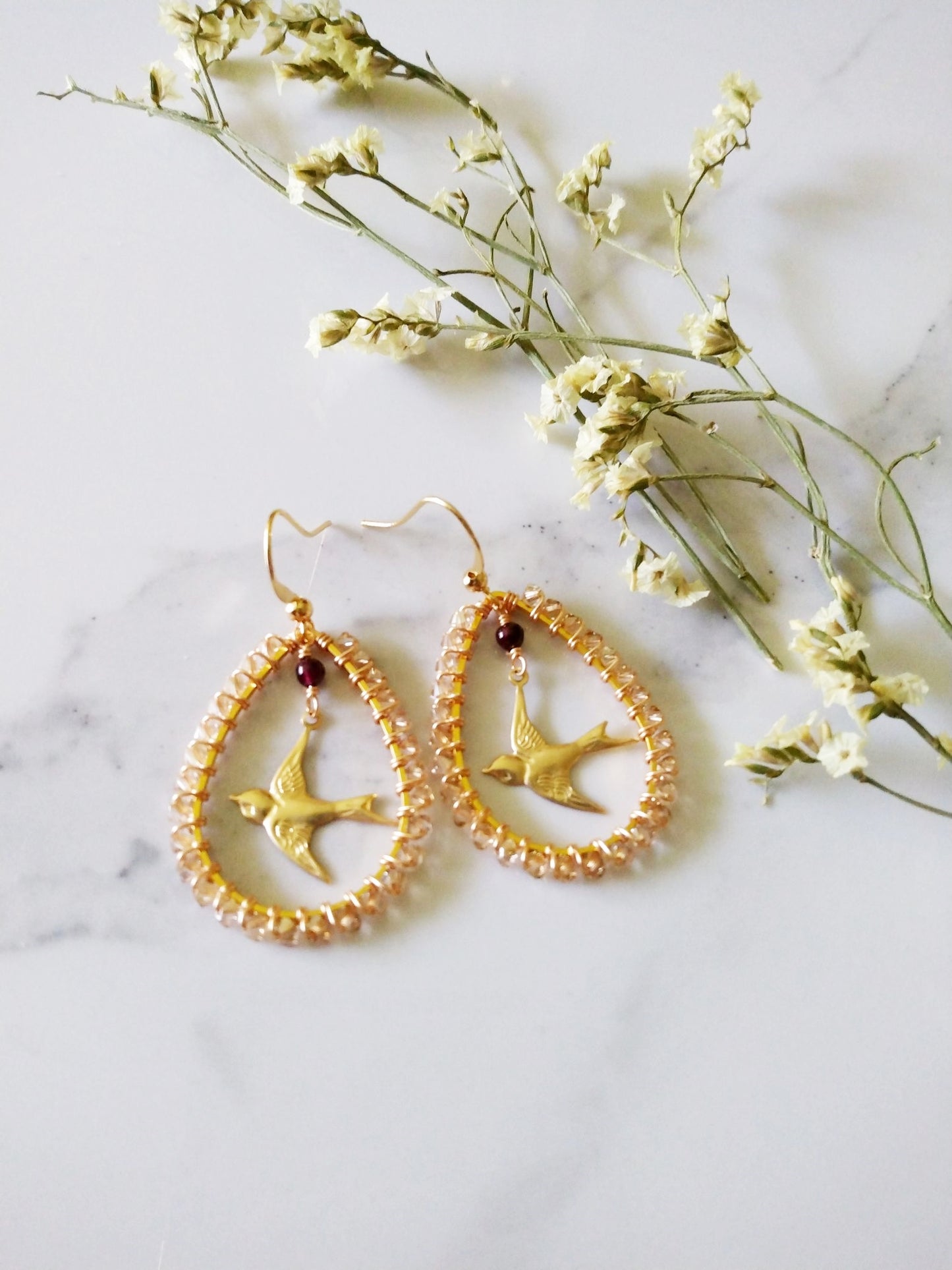 Gold Falcon Bird Austrian Crystal Garnet Gemstones Gold Filled Earrings E140090