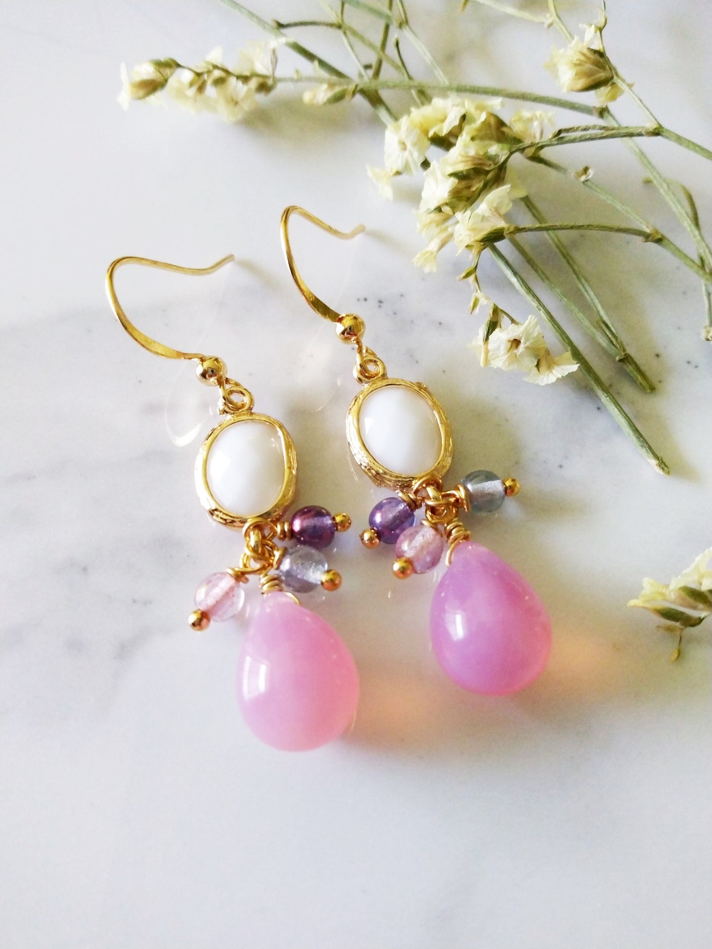 Pink Czech Glass and Opal Glass Gold Filled Earrings E140083