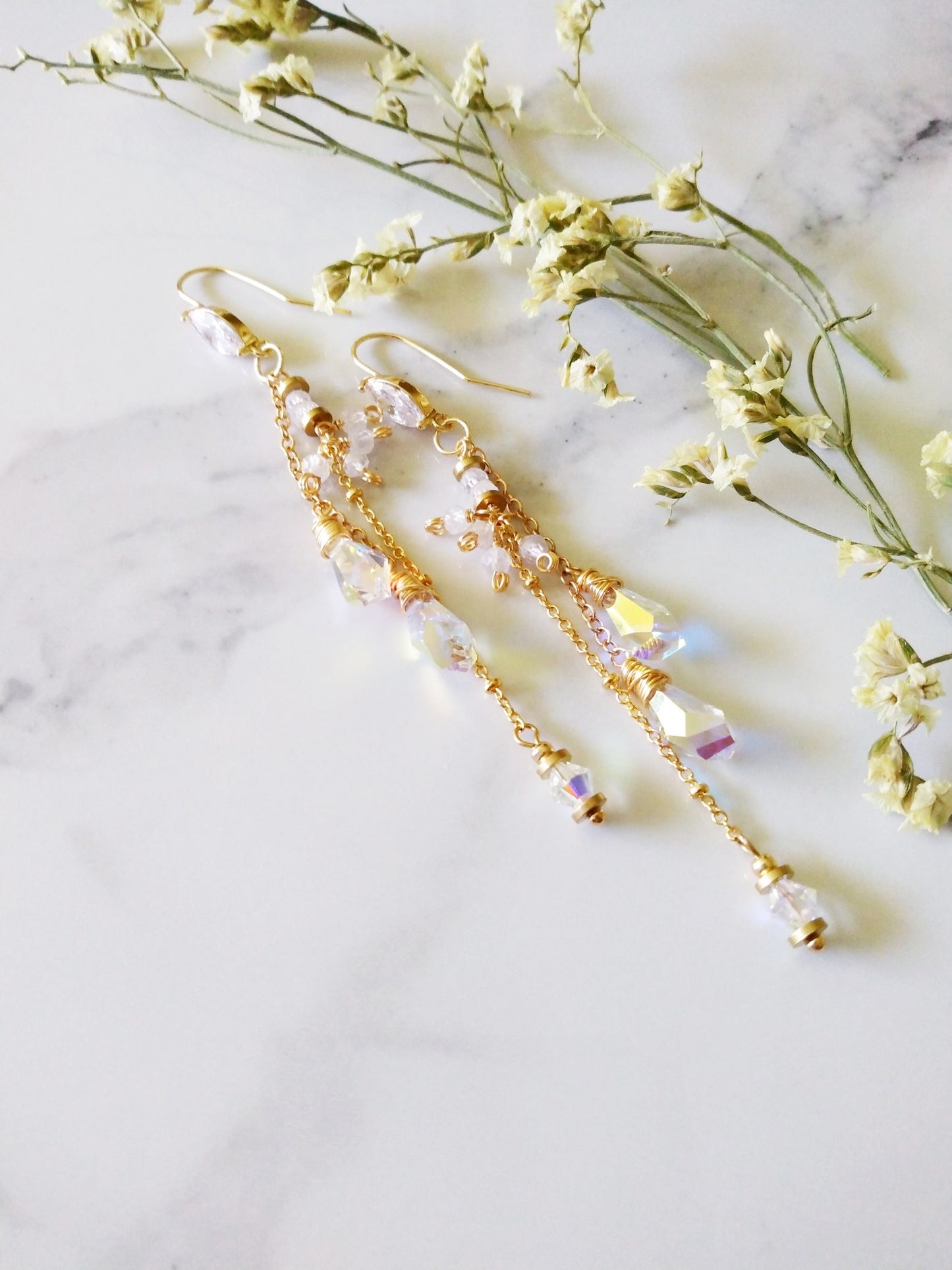 Long Aurora Borealis Austrian Crystal Gold Filled Earrings E140114