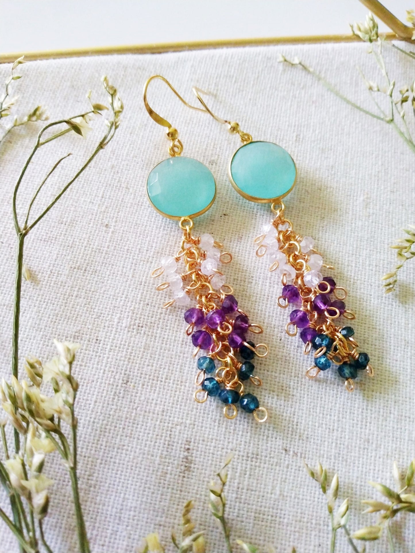 Dramatic Sea Foam Blue Chalcedony Amethyst Apatite Gemstone Gold Filled Earrings E140164
