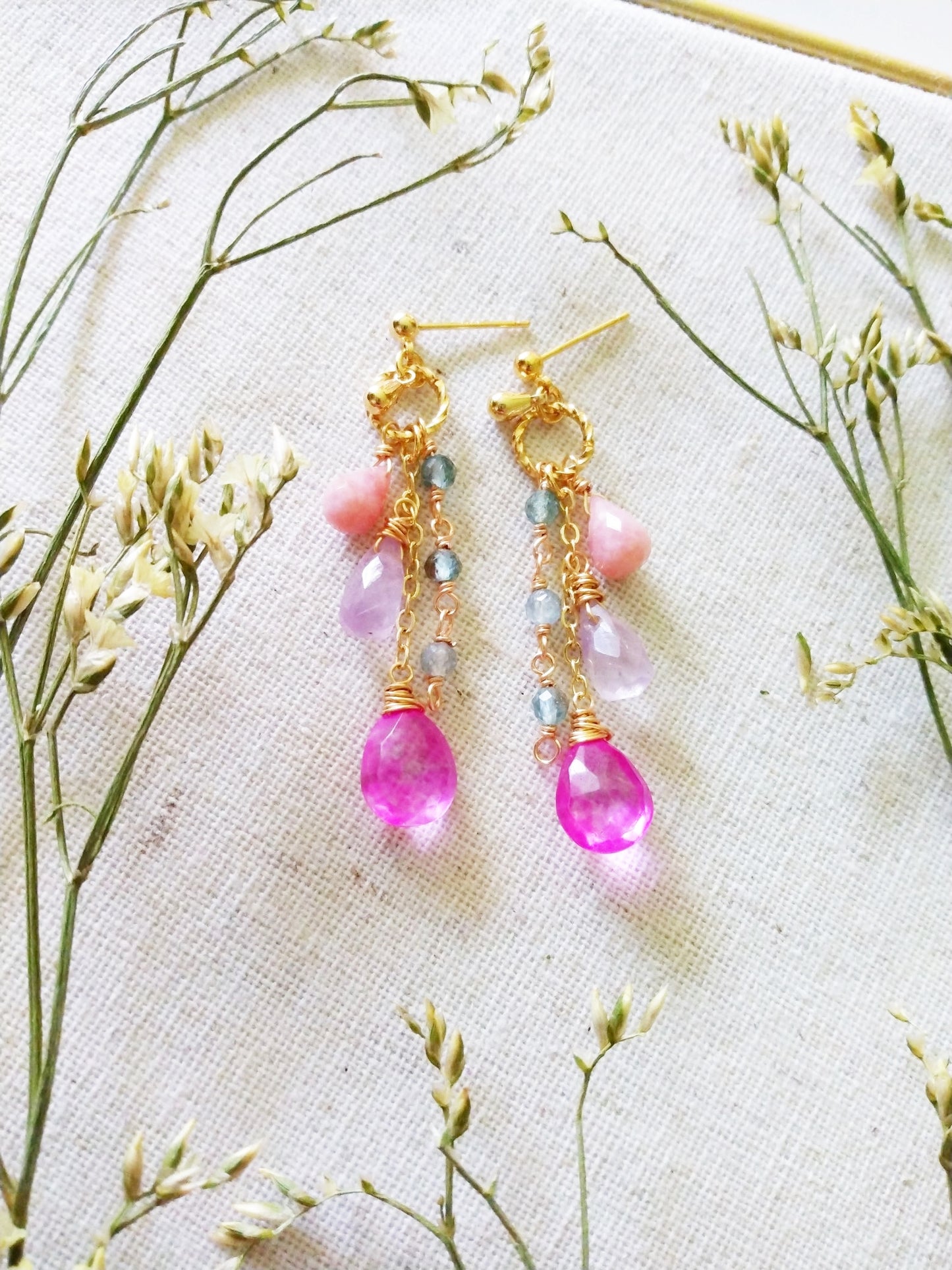 Pink Opal Hot Pink Topaz Amethyst Apatite Gold Filled Earrings E140159