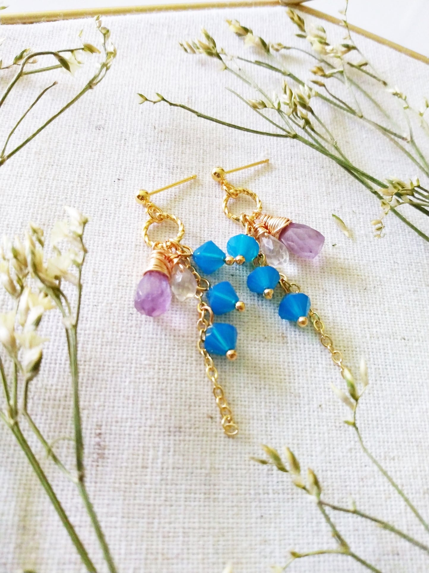 Pale Blue Aquamarine Amethyst and Austrian Crystal Gold Filled Earrings E140158