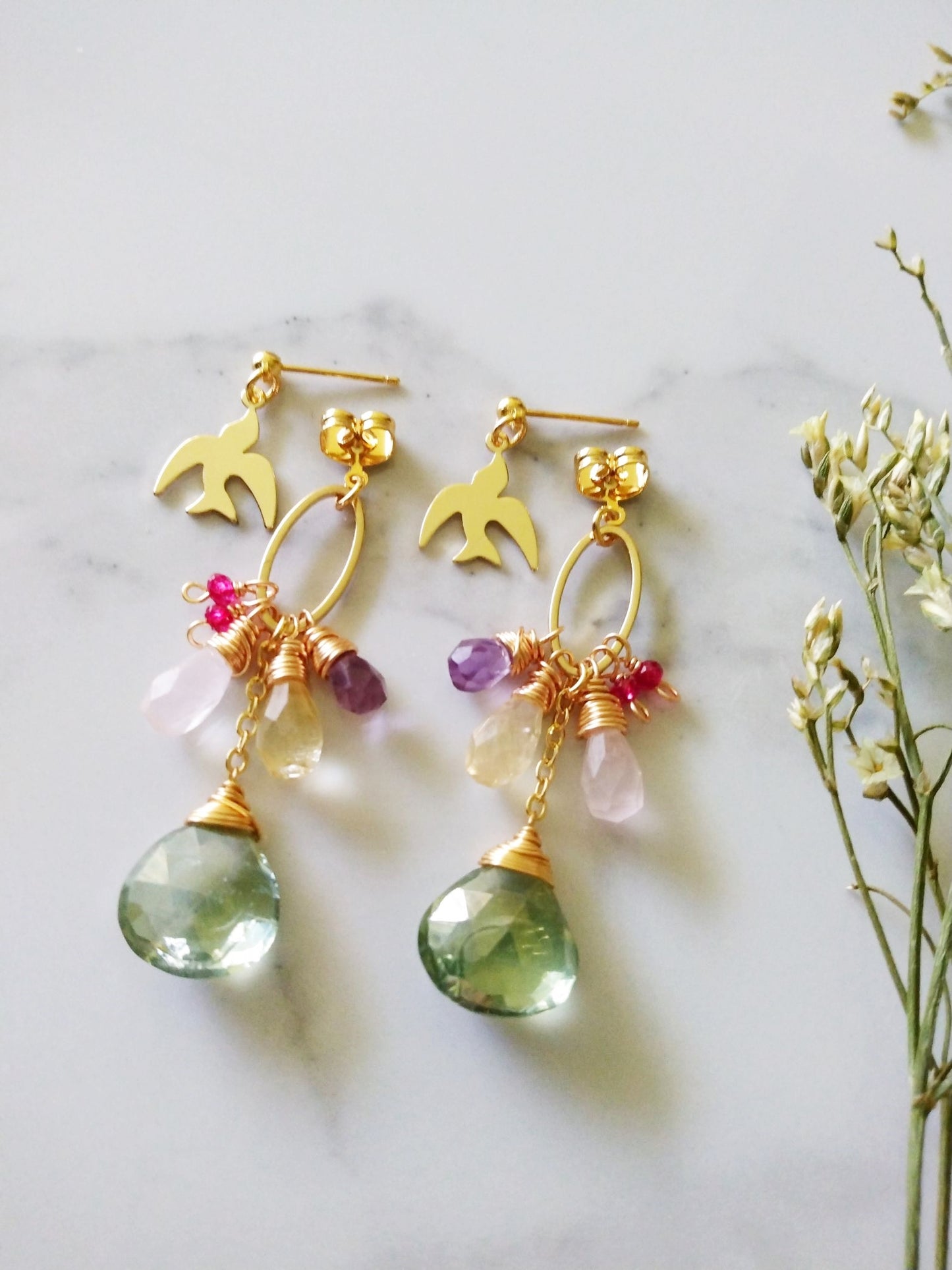 Bird and Basket of Semi Precious Gemstones Gold Filled Earrings E140175