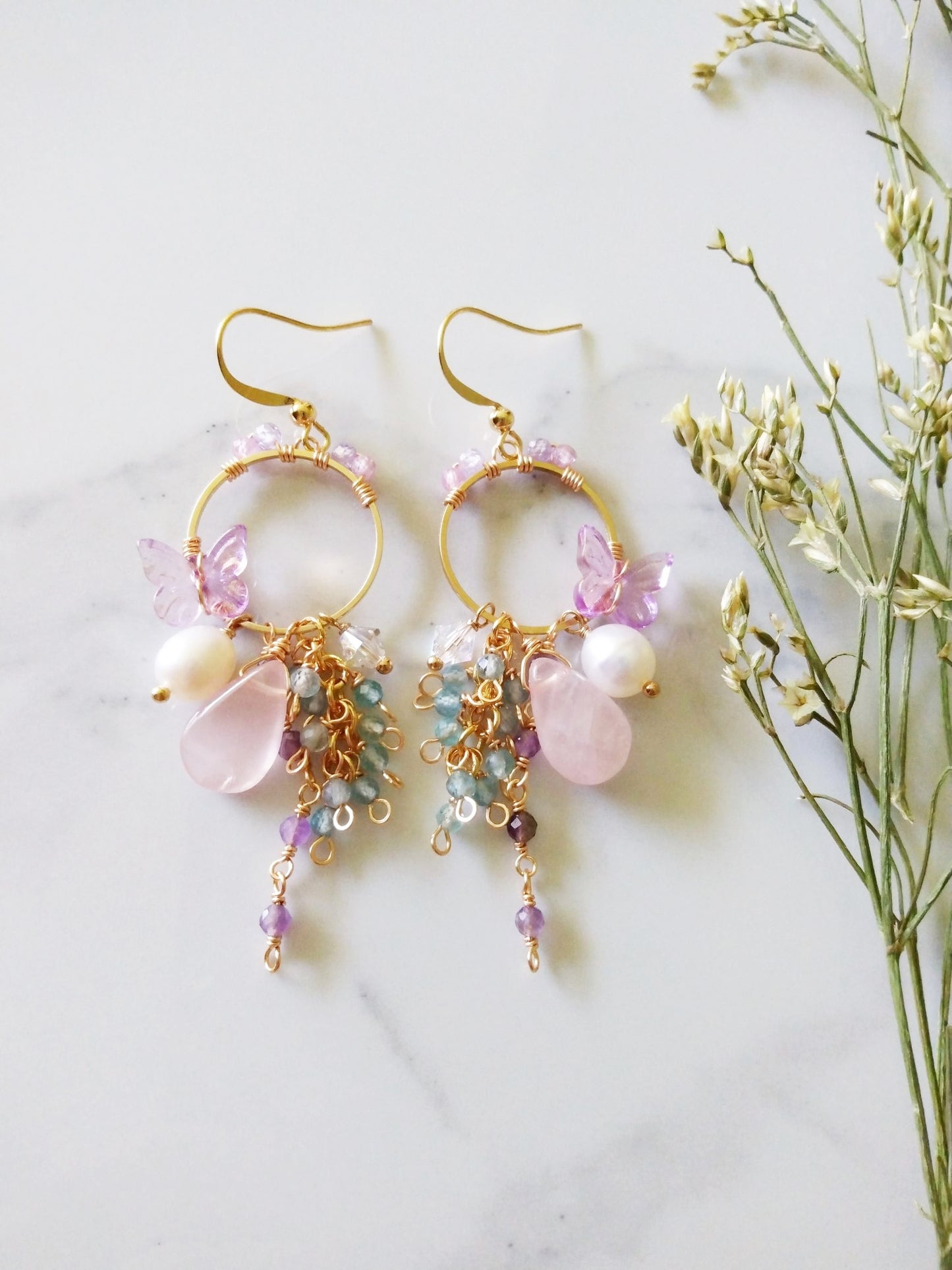 Butterfly Basket Weave Semi Precious Gemstone Gold Filled Earrings E140165