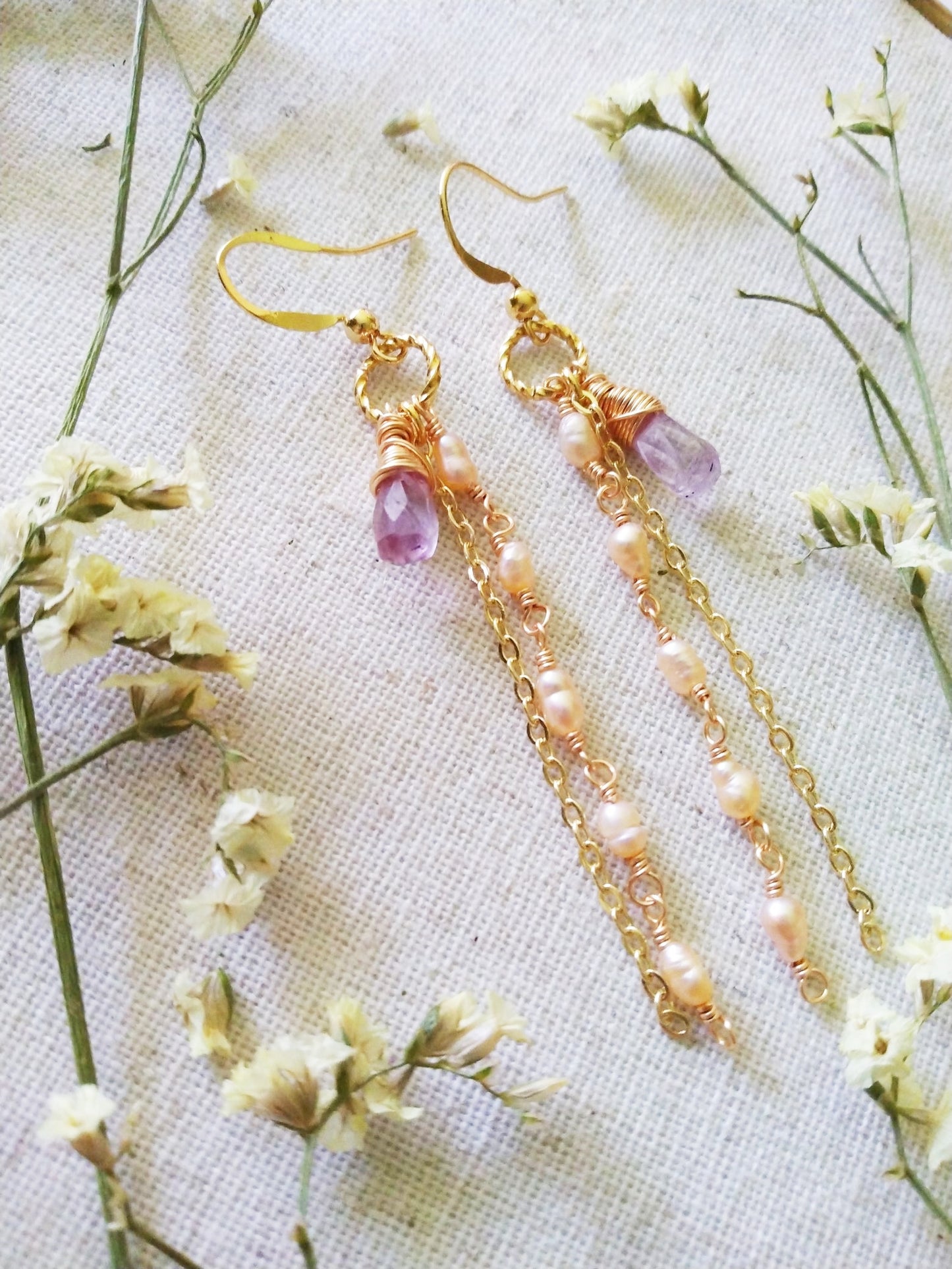 Long Baroque and Amethyst Gold Filled Earrings E140155